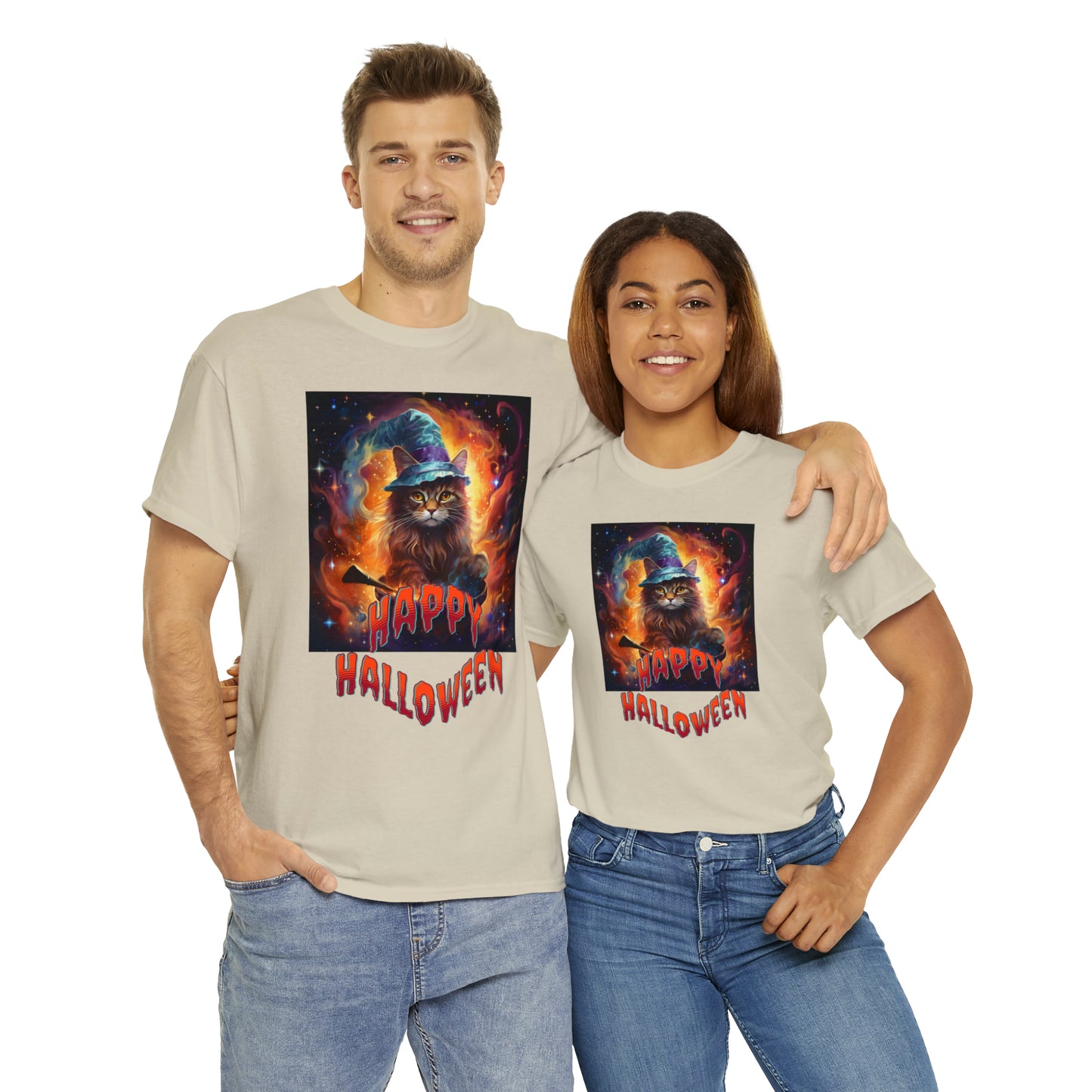 Unisex Cotton T-Shirt Happy Halloween Wizard Cat Graphic Costume Tee