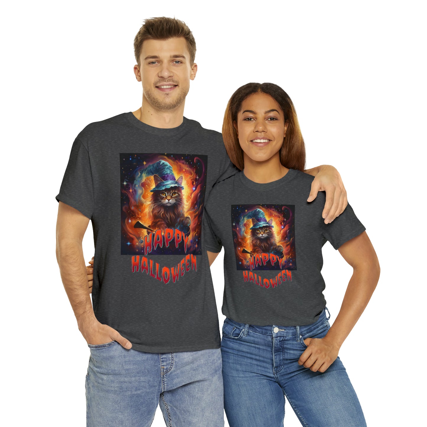 Unisex Cotton T-Shirt Happy Halloween Wizard Cat Graphic Costume Tee