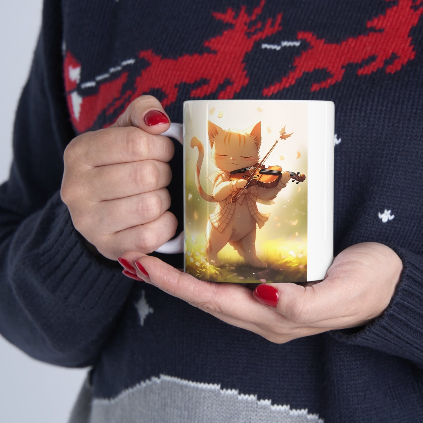 White Mug 11oz Ginger Cat Playing Violin in Forest Anime Style
