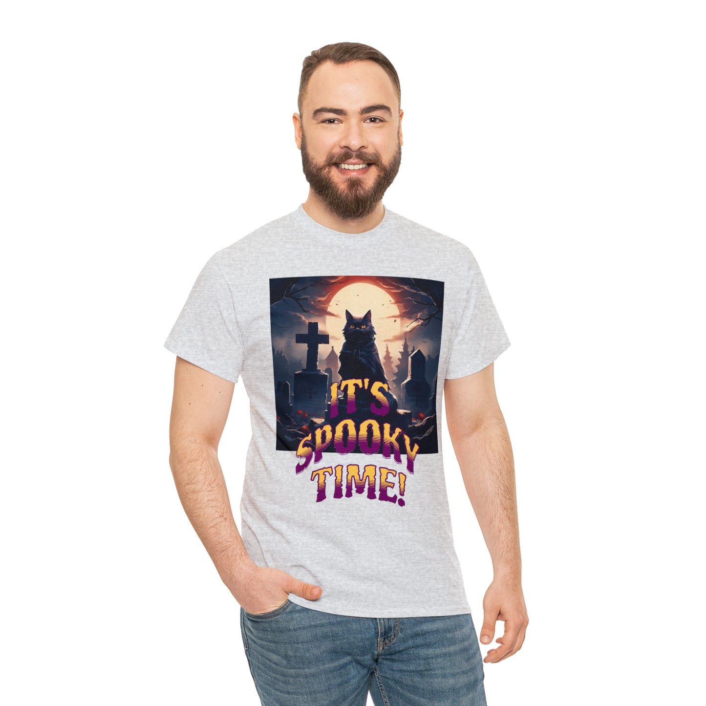 Unisex Cotton T-Shirt Vampire Cat in Spooky Graveyard Halloween Tee