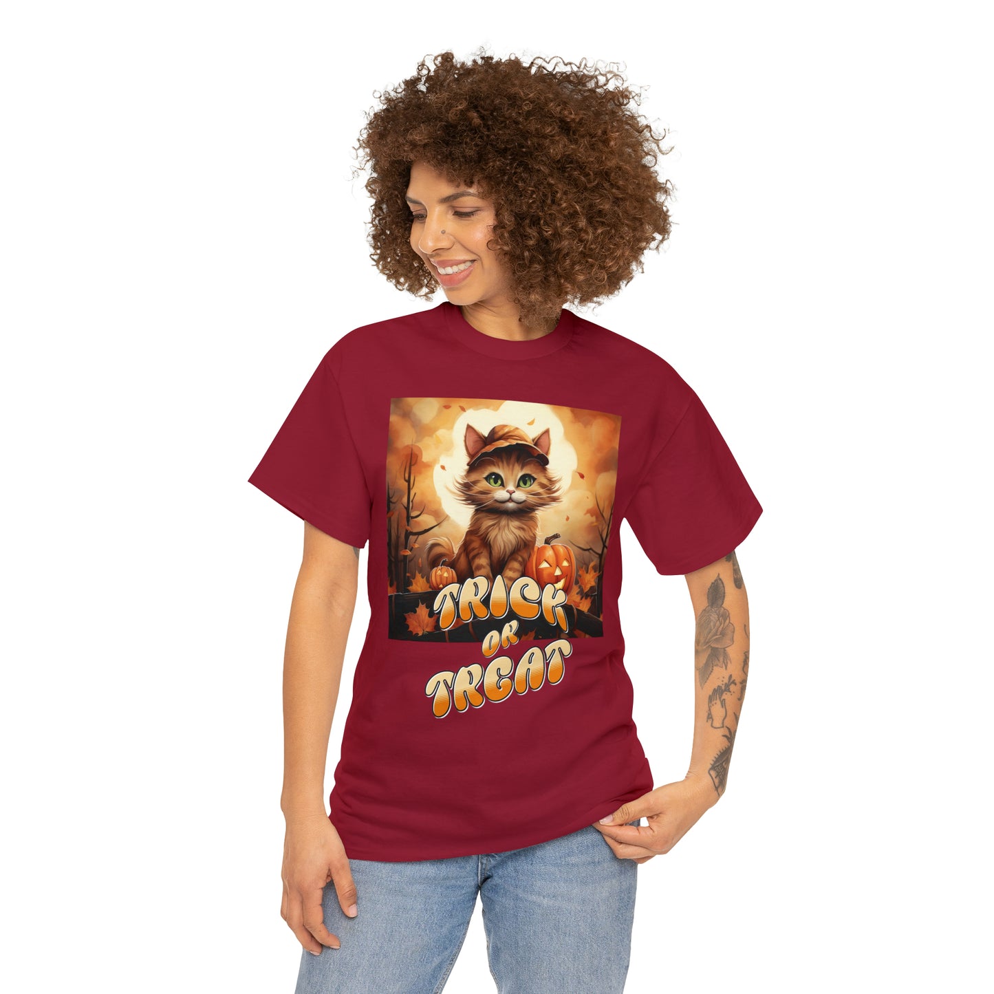 Unisex Cotton T-Shirt Trick or Treat Pumpkin Cat Graphic Costume Tee