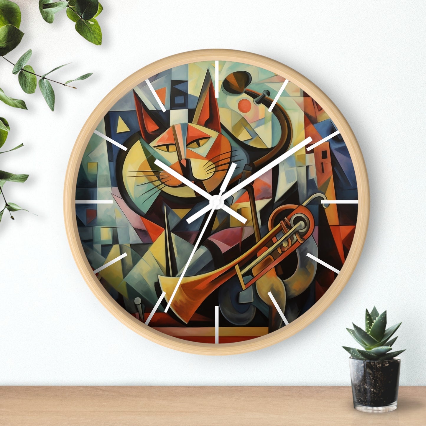 Wall Clock Trumpeter Cat Play Trumpet Music Cubism Graphic Home Decor