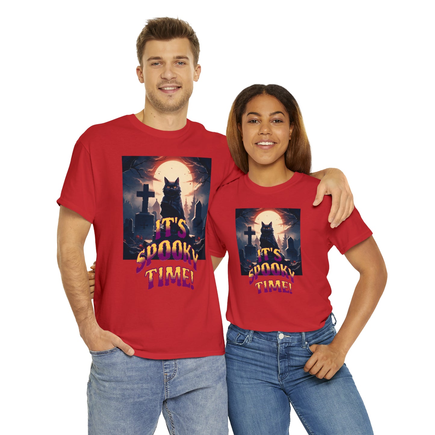 Unisex Cotton T-Shirt Vampire Cat in Spooky Graveyard Halloween Tee