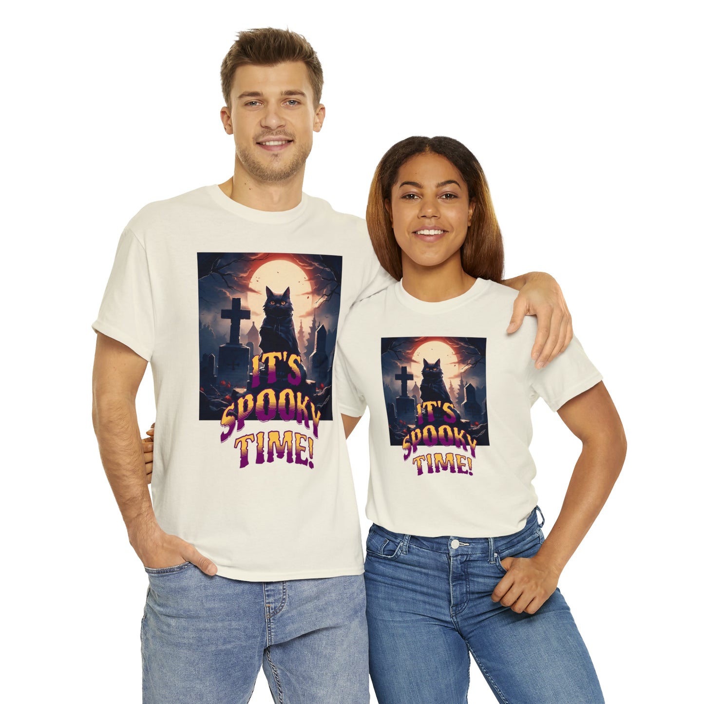 Unisex Cotton T-Shirt Vampire Cat in Spooky Graveyard Halloween Tee
