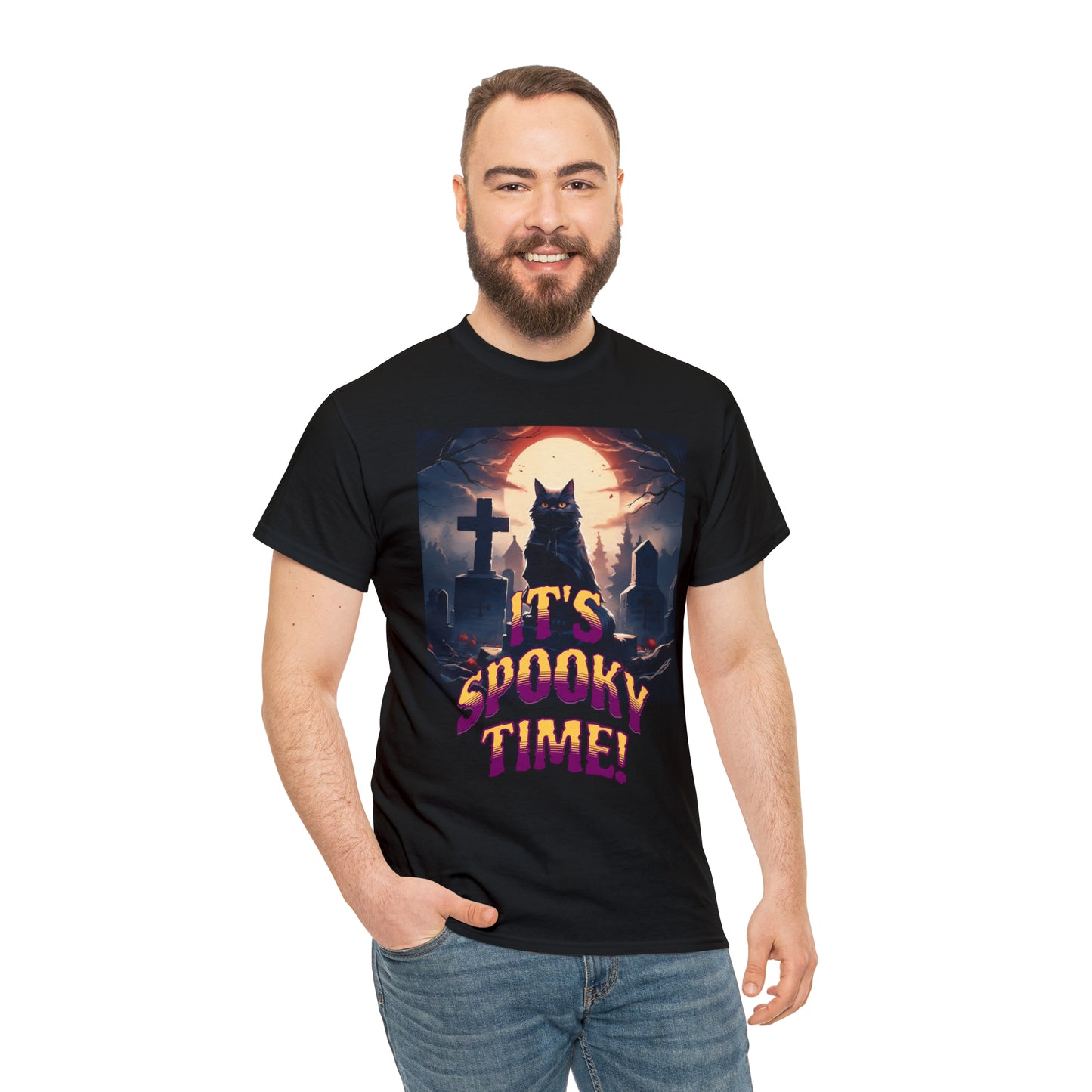 Unisex Cotton T-Shirt Vampire Cat in Spooky Graveyard Halloween Tee
