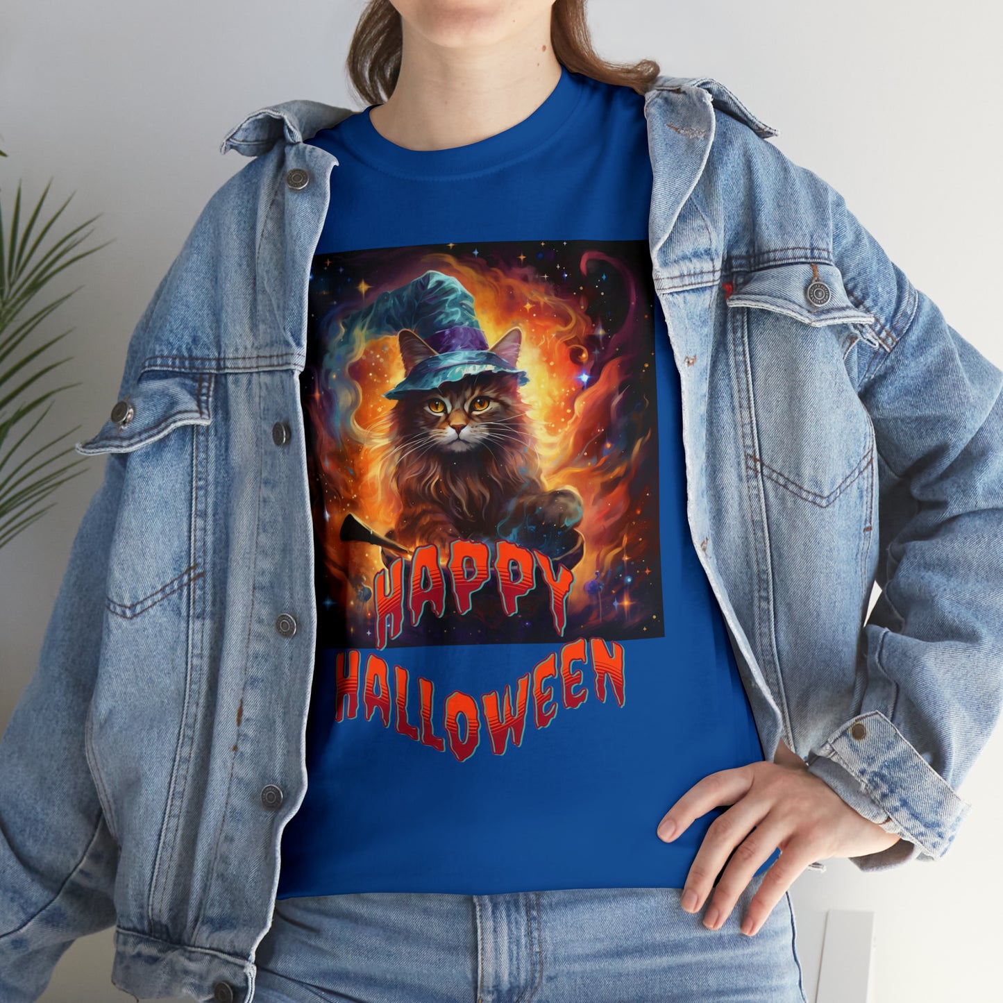 Unisex Cotton T-Shirt Happy Halloween Wizard Cat Graphic Costume Tee