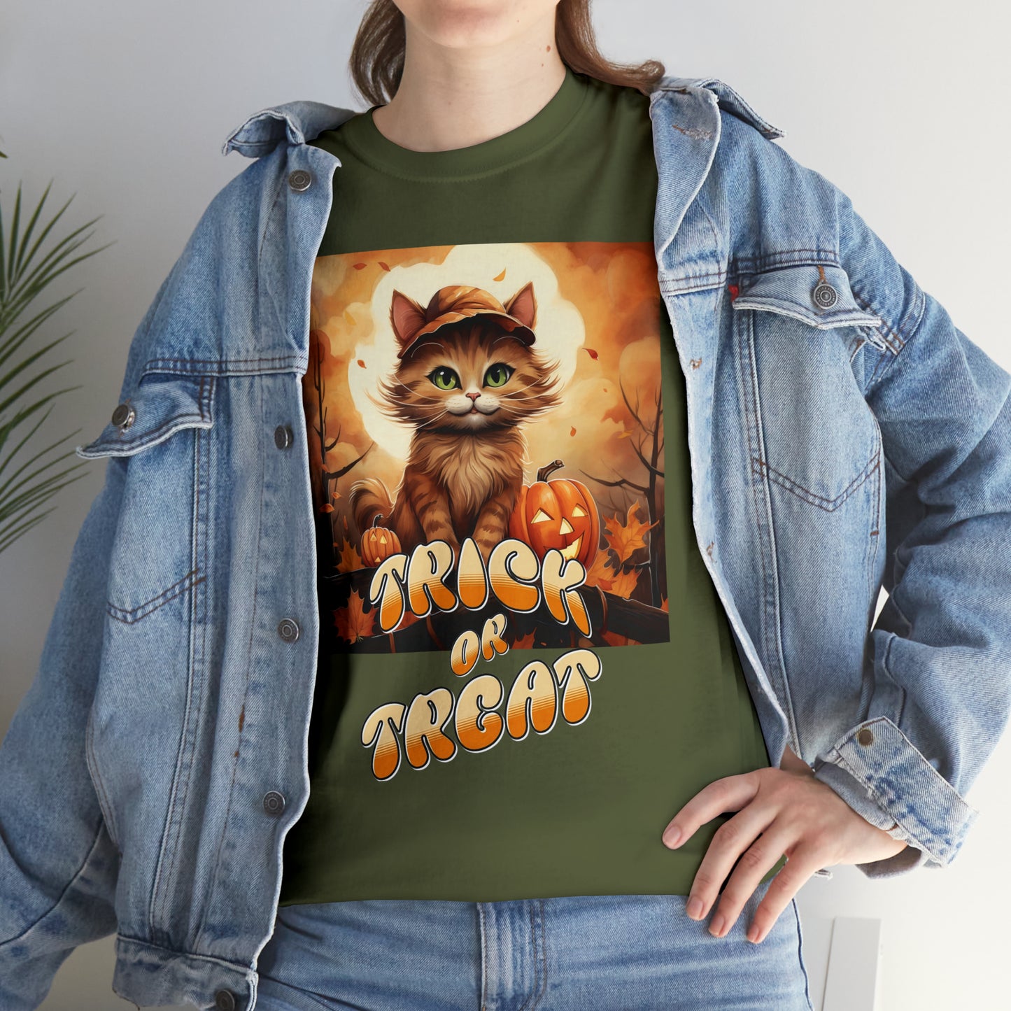 Unisex Cotton T-Shirt Trick or Treat Pumpkin Cat Graphic Costume Tee