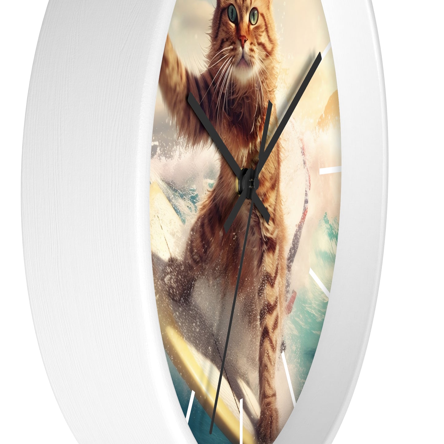Wall Clock Brown Tabby Cat Surfing at Beach Home Decor