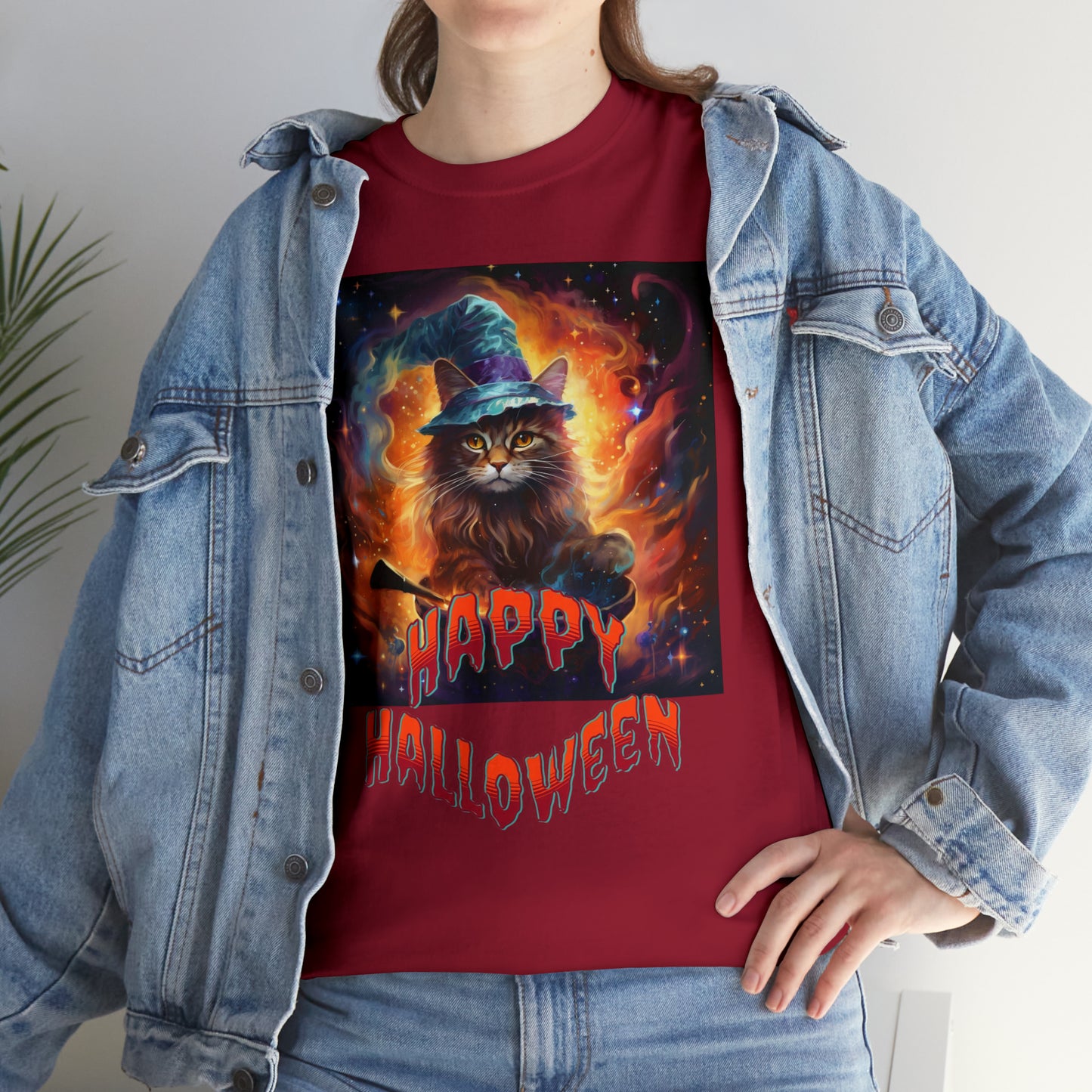 Unisex Cotton T-Shirt Happy Halloween Wizard Cat Graphic Costume Tee