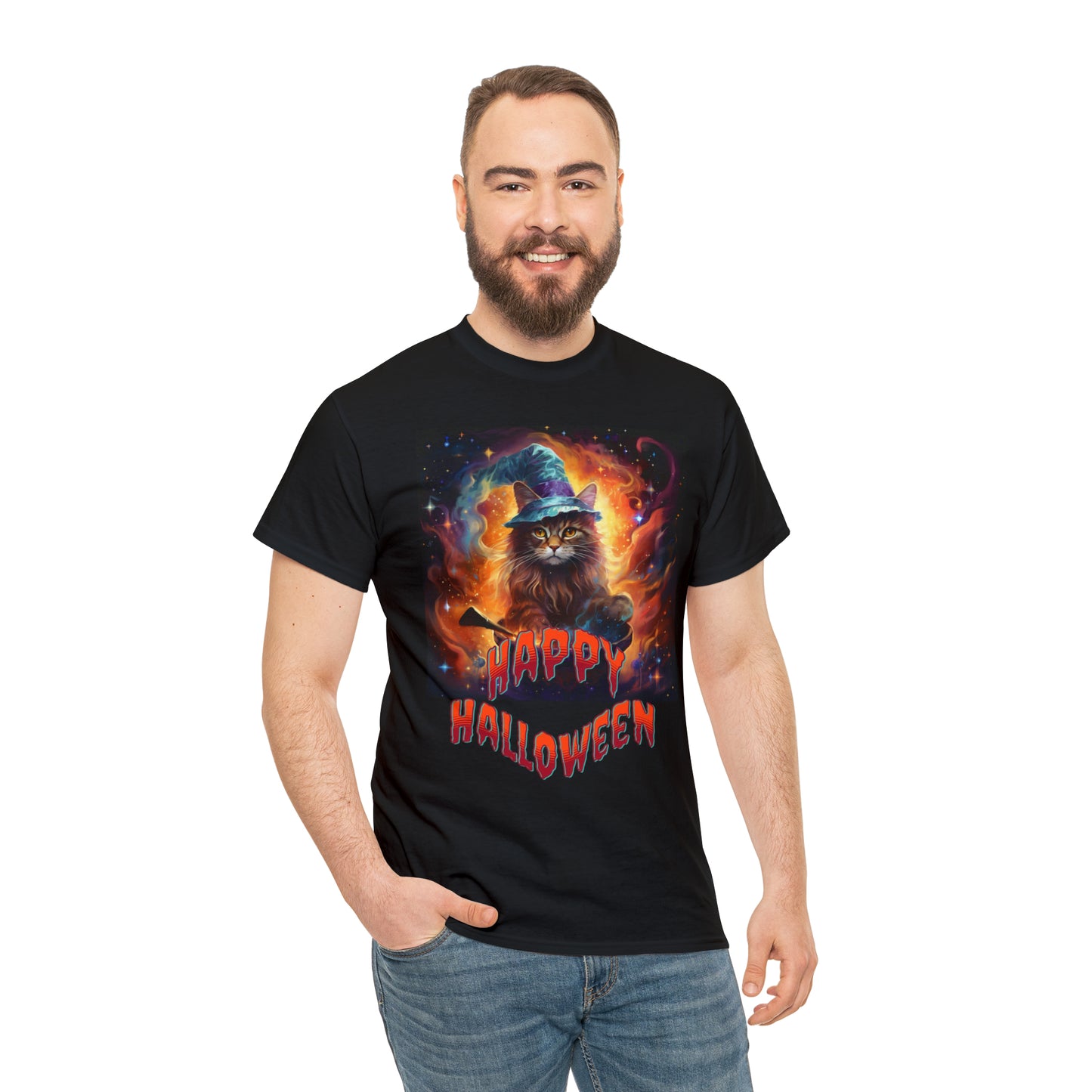Unisex Cotton T-Shirt Happy Halloween Wizard Cat Graphic Costume Tee