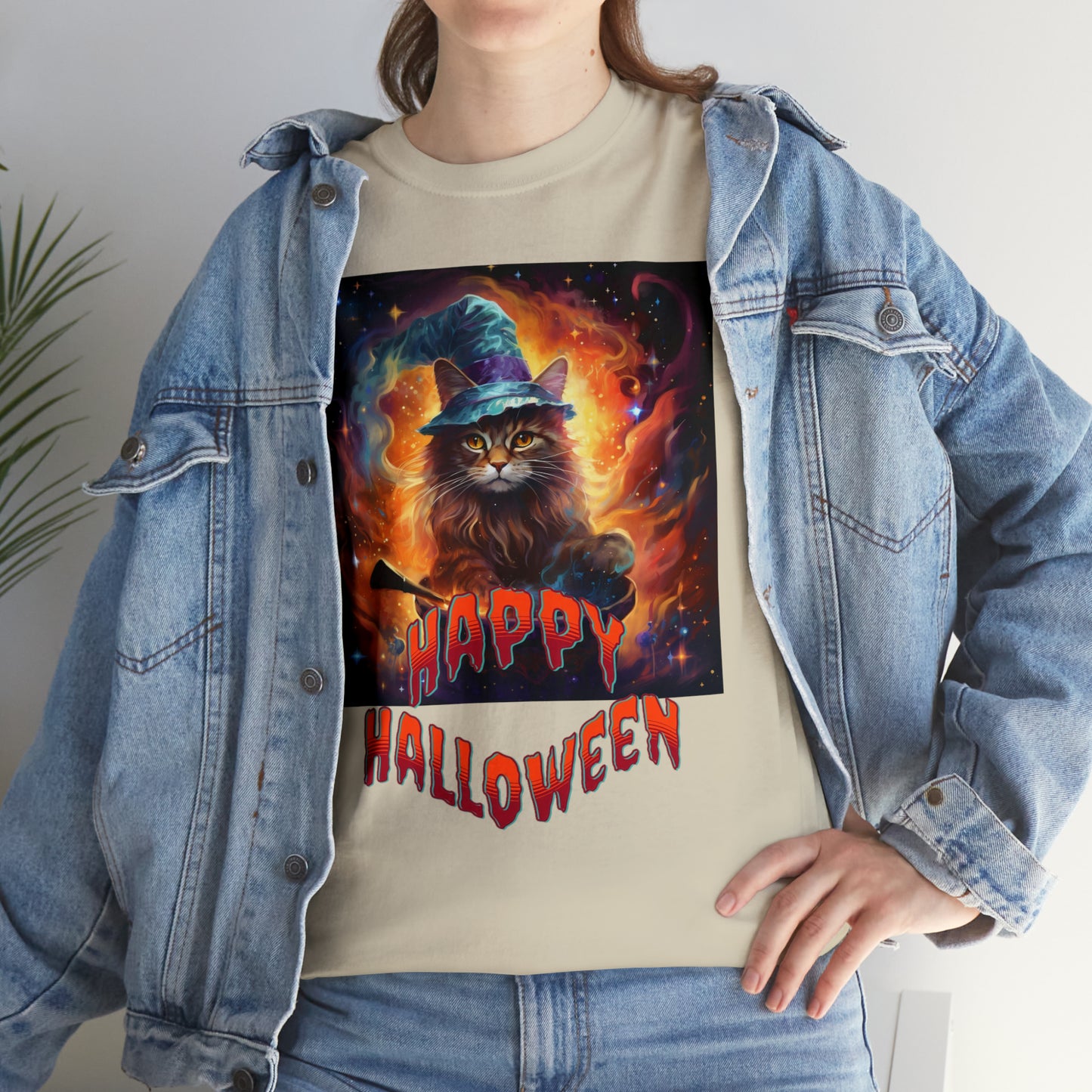 Unisex Cotton T-Shirt Happy Halloween Wizard Cat Graphic Costume Tee