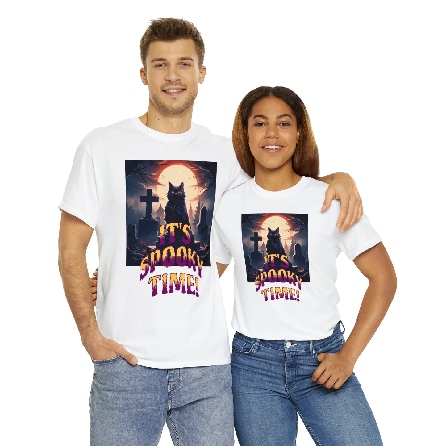 Unisex Cotton T-Shirt Vampire Cat in Spooky Graveyard Halloween Tee