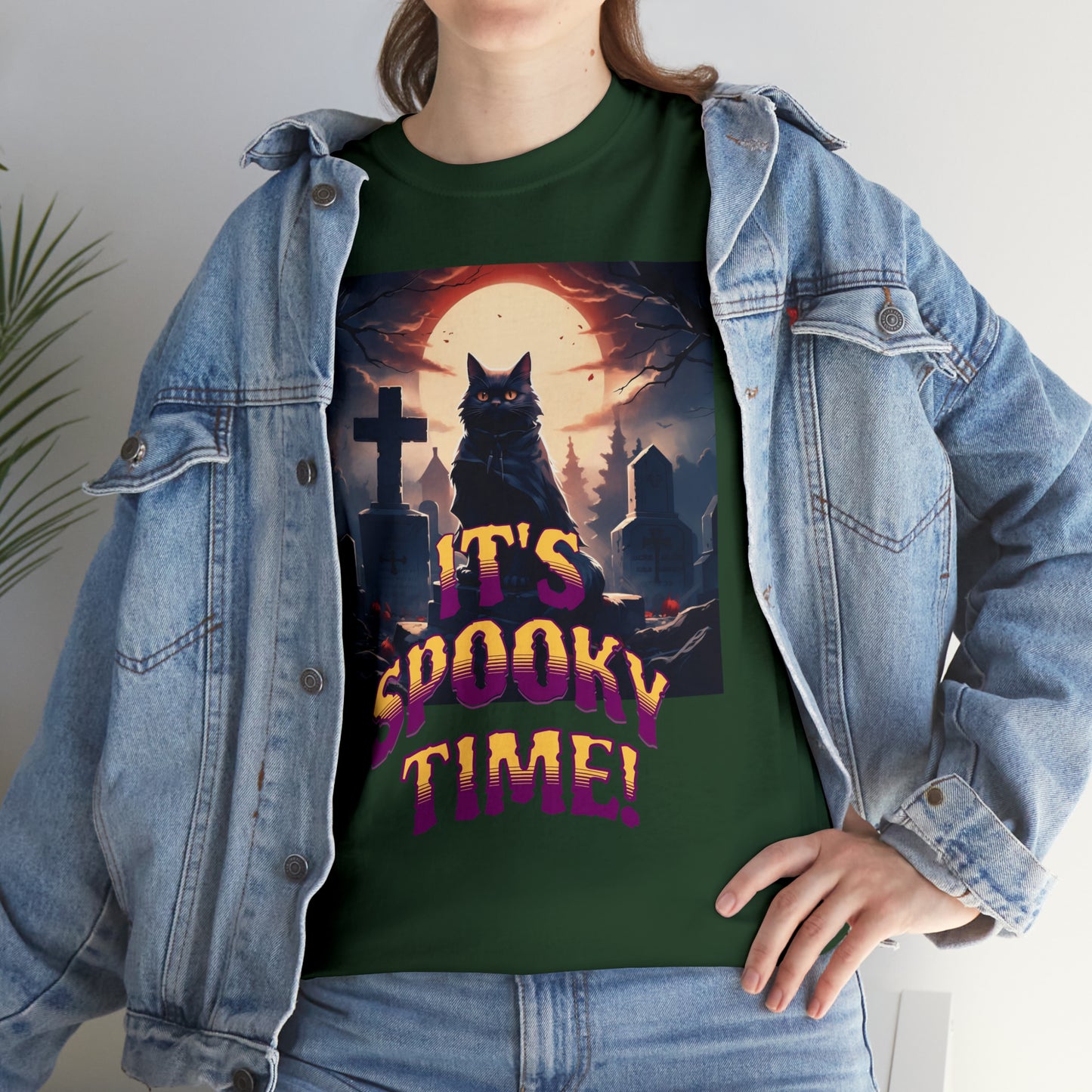 Unisex Cotton T-Shirt Vampire Cat in Spooky Graveyard Halloween Tee