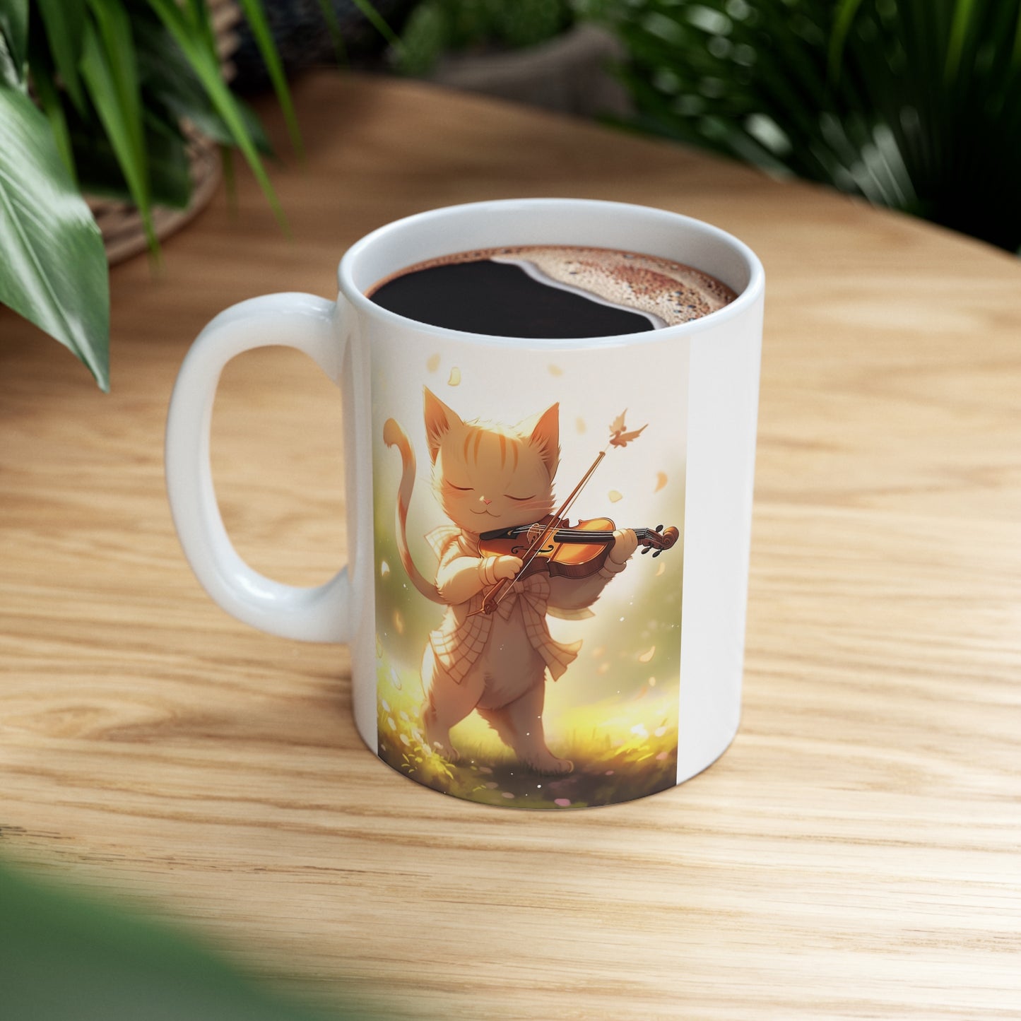 White Mug 11oz Ginger Cat Playing Violin in Forest Anime Style