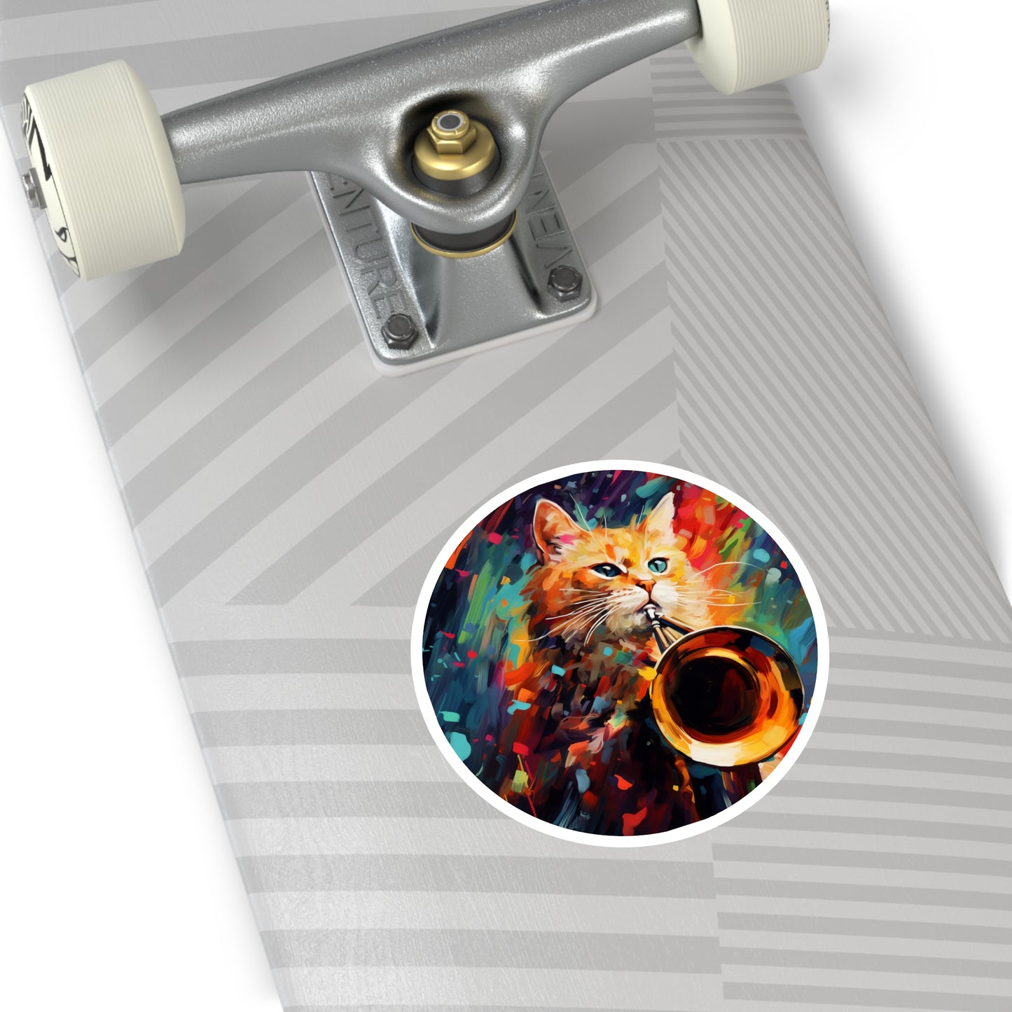 Round Vinyl Decals Sticker Trombonist Cat With Colorful Musical Waves