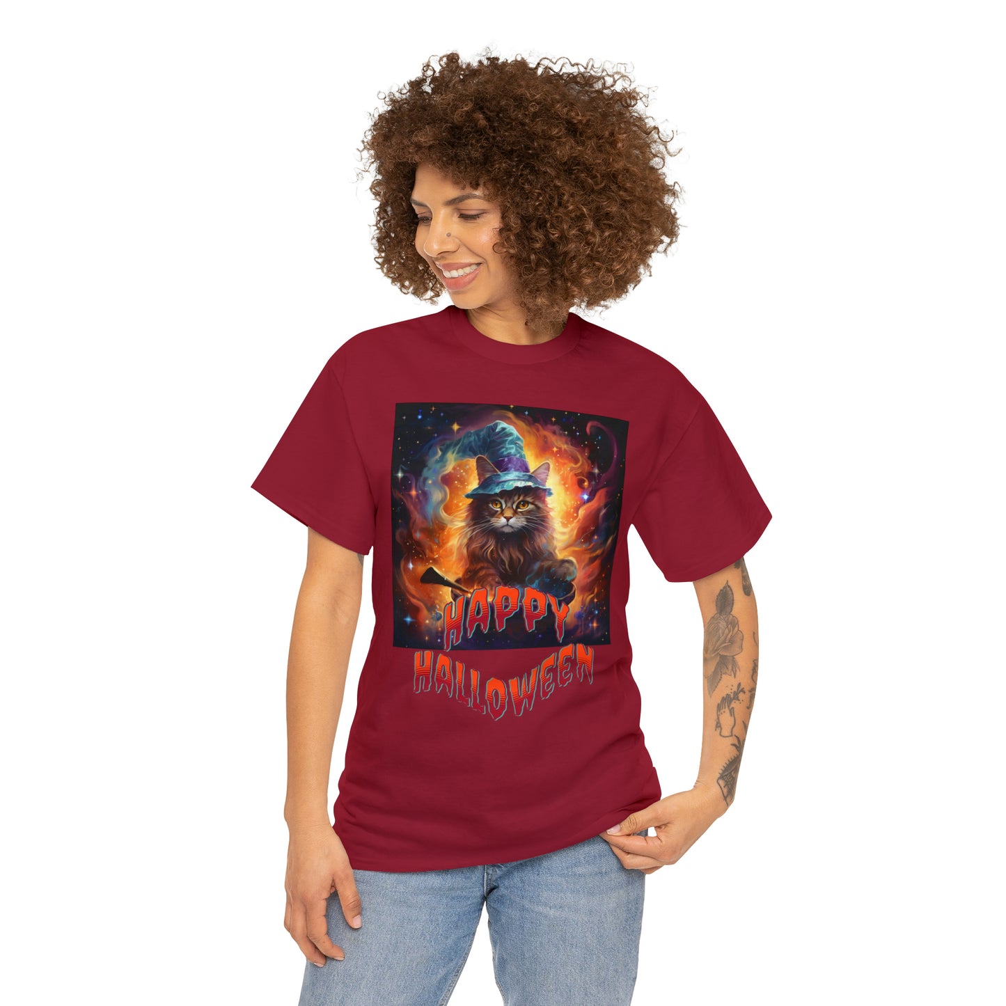 Unisex Cotton T-Shirt Happy Halloween Wizard Cat Graphic Costume Tee