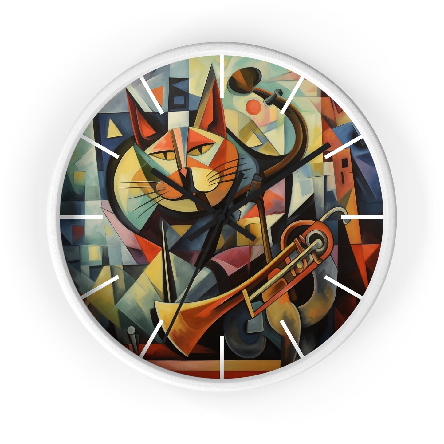 Wall Clock Trumpeter Cat Play Trumpet Music Cubism Graphic Home Decor