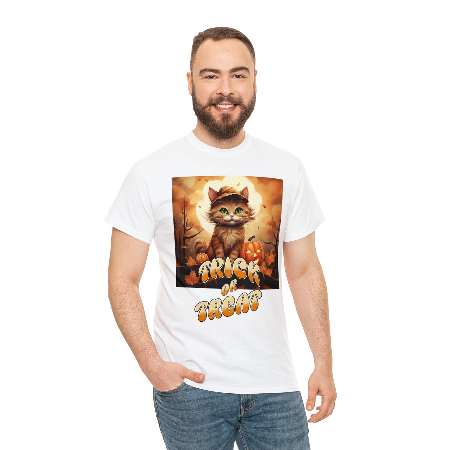 Unisex Cotton T-Shirt Trick or Treat Pumpkin Cat Graphic Costume Tee
