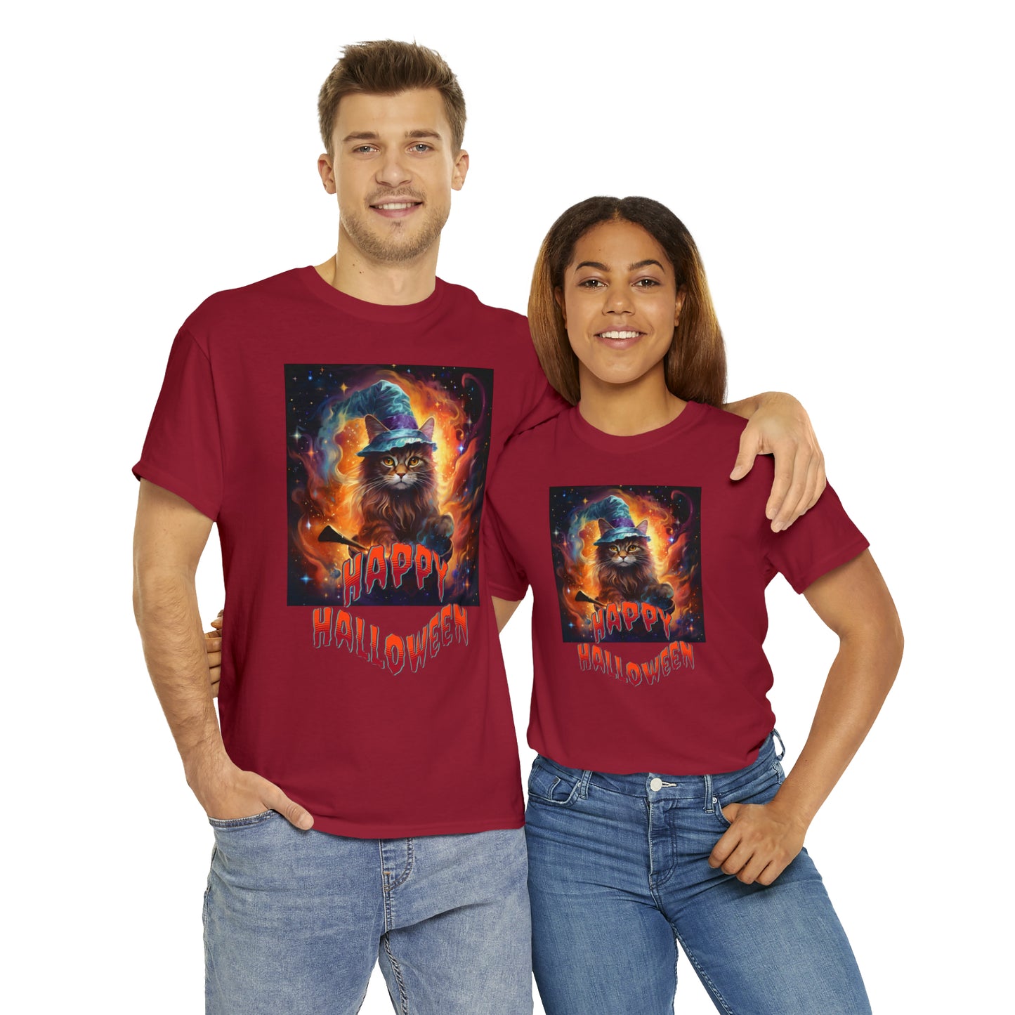 Unisex Cotton T-Shirt Happy Halloween Wizard Cat Graphic Costume Tee
