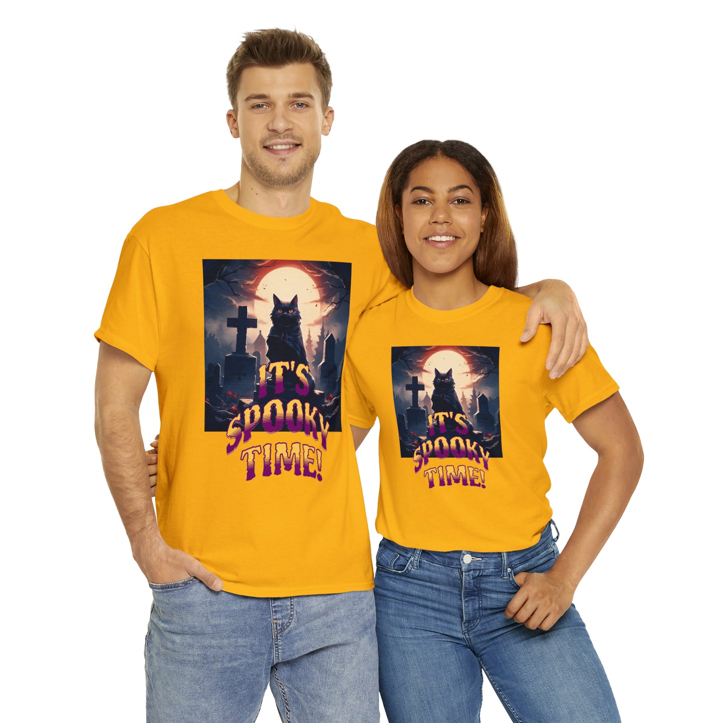 Unisex Cotton T-Shirt Vampire Cat in Spooky Graveyard Halloween Tee