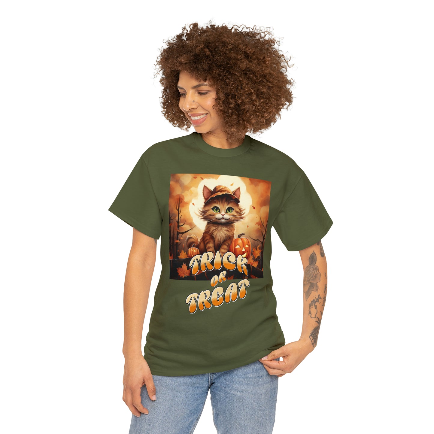Unisex Cotton T-Shirt Trick or Treat Pumpkin Cat Graphic Costume Tee