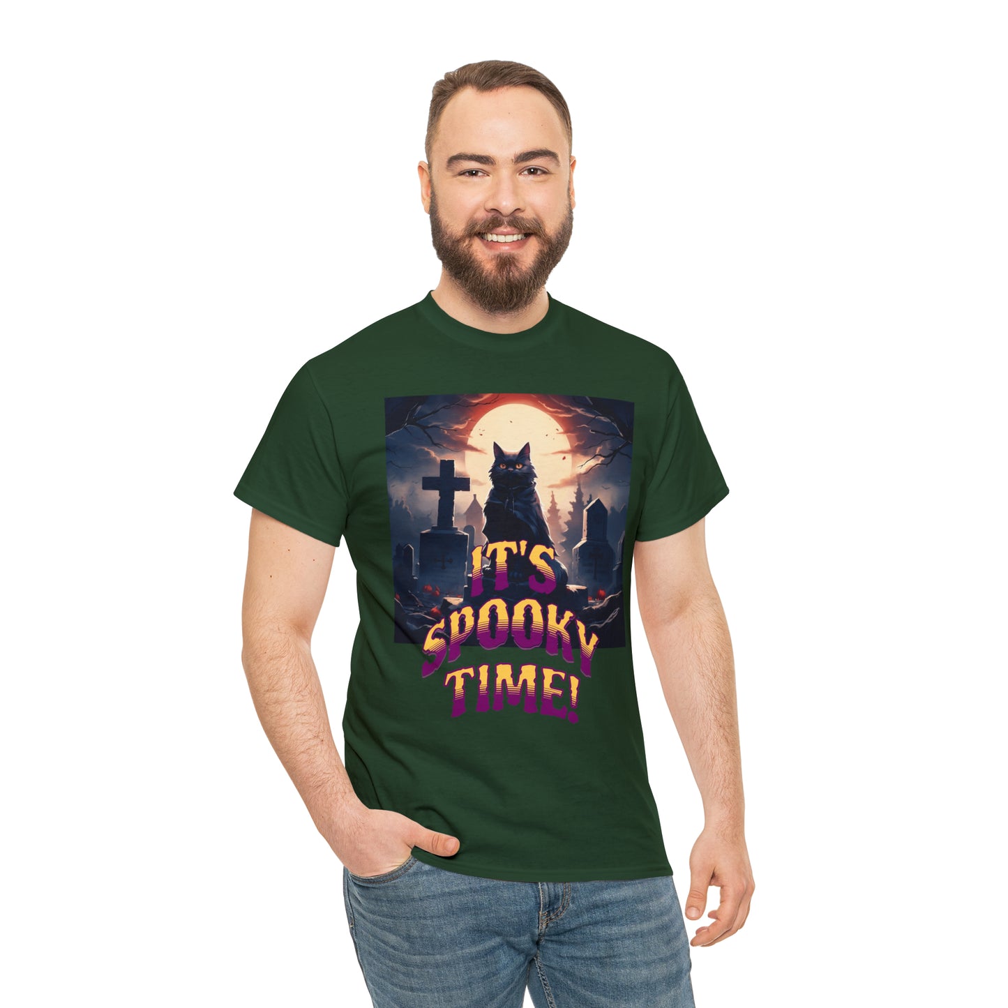 Unisex Cotton T-Shirt Vampire Cat in Spooky Graveyard Halloween Tee