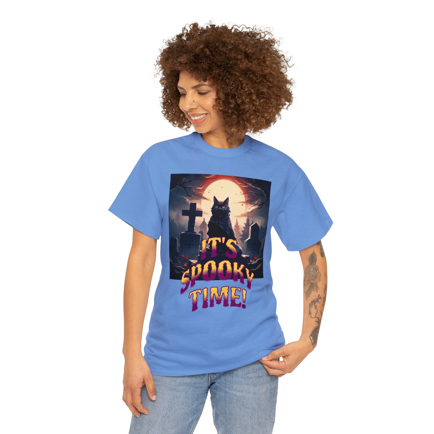 Unisex Cotton T-Shirt Vampire Cat in Spooky Graveyard Halloween Tee