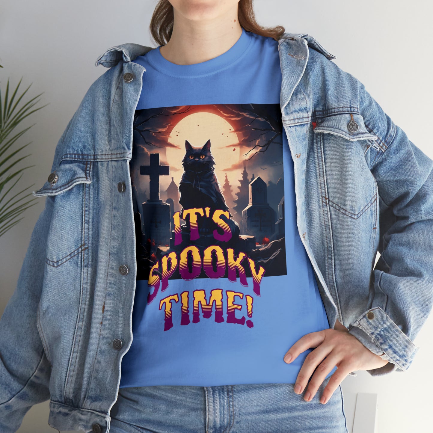 Unisex Cotton T-Shirt Vampire Cat in Spooky Graveyard Halloween Tee
