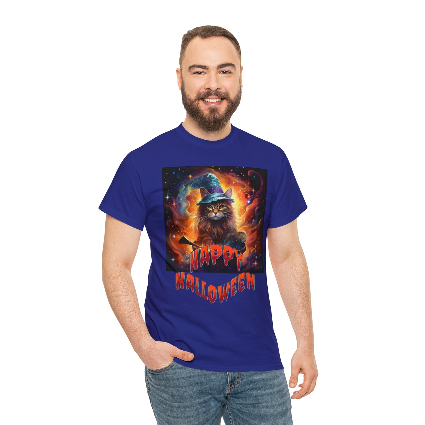 Unisex Cotton T-Shirt Happy Halloween Wizard Cat Graphic Costume Tee