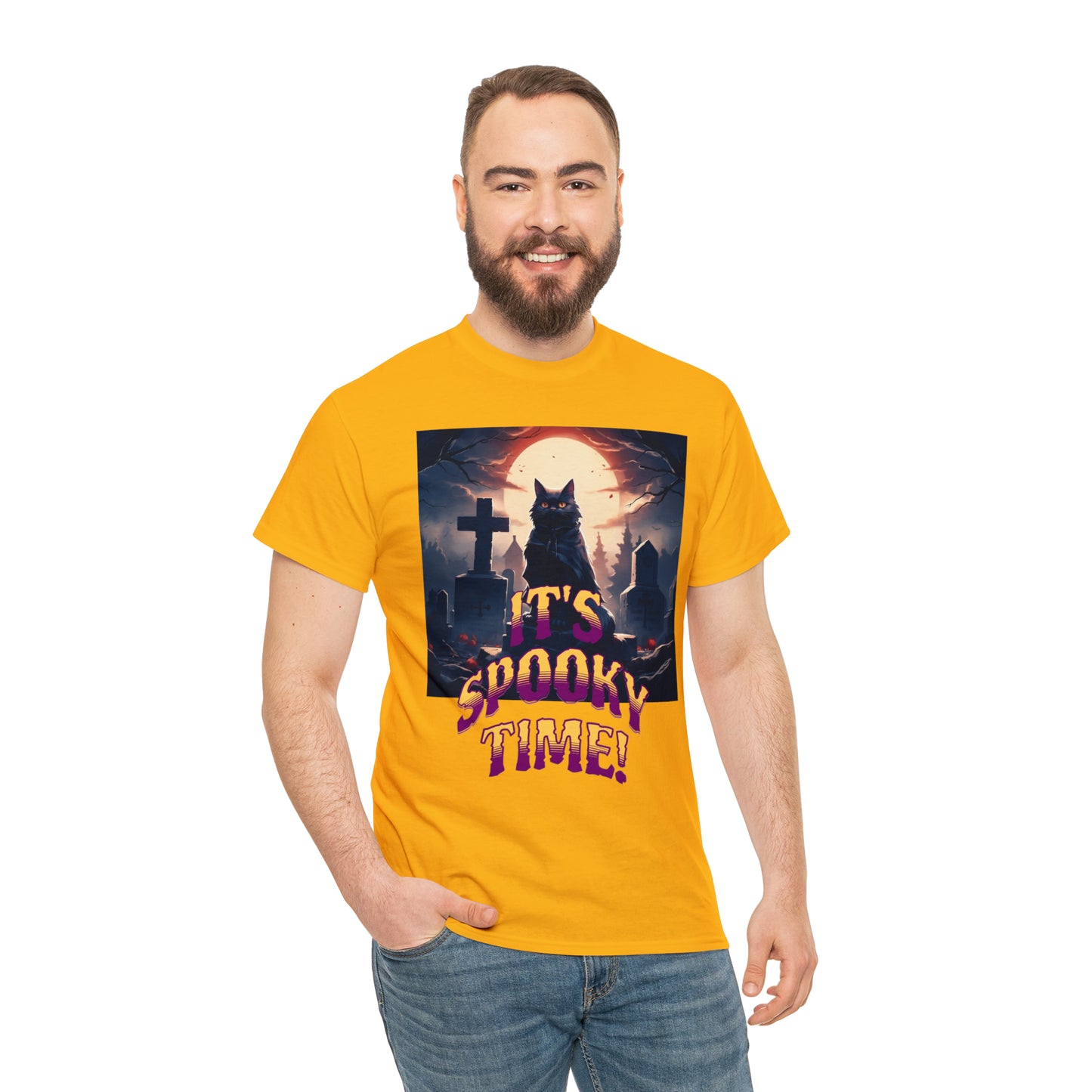 Unisex Cotton T-Shirt Vampire Cat in Spooky Graveyard Halloween Tee