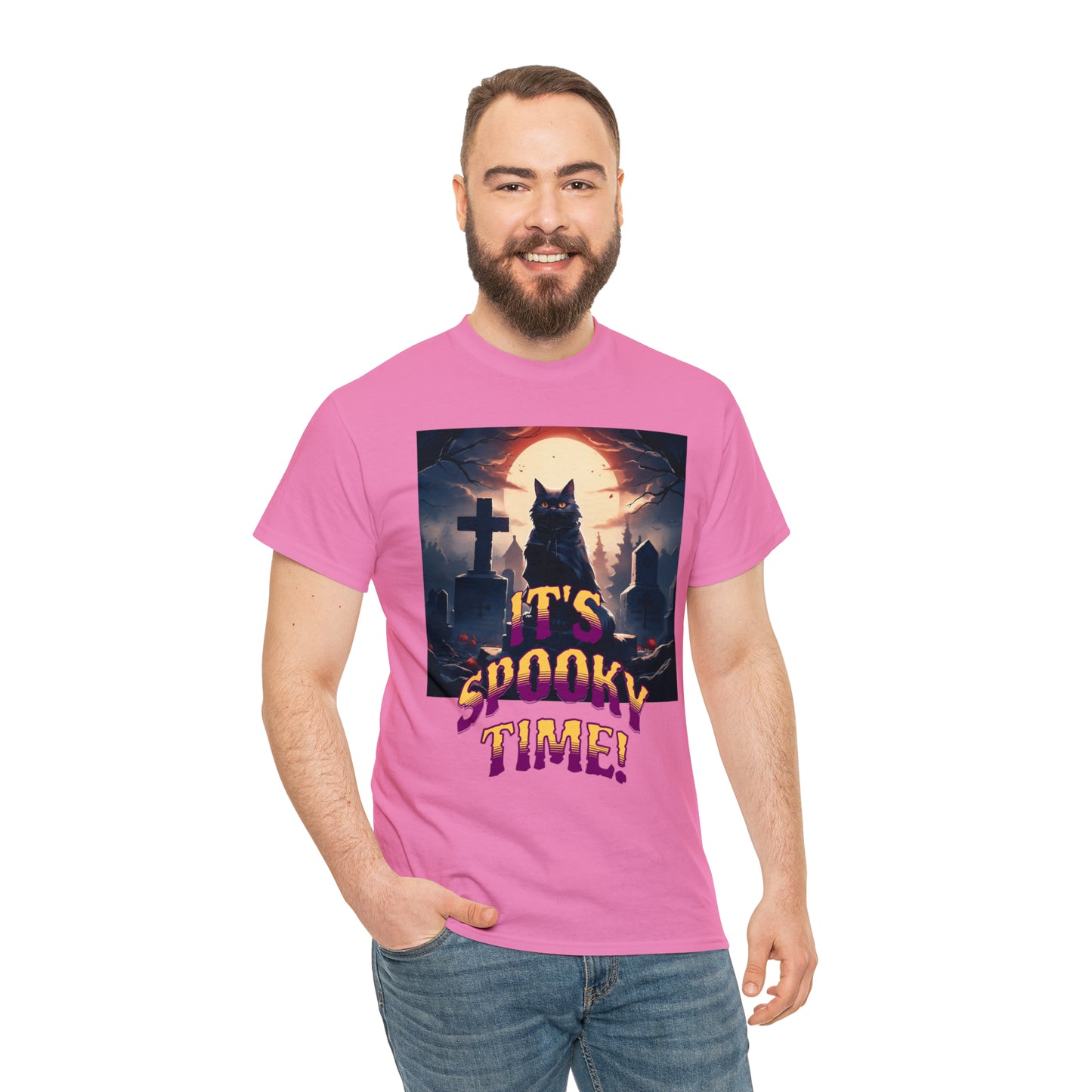 Unisex Cotton T-Shirt Vampire Cat in Spooky Graveyard Halloween Tee