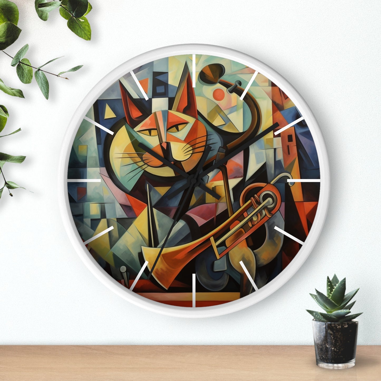 Wall Clock Trumpeter Cat Play Trumpet Music Cubism Graphic Home Decor