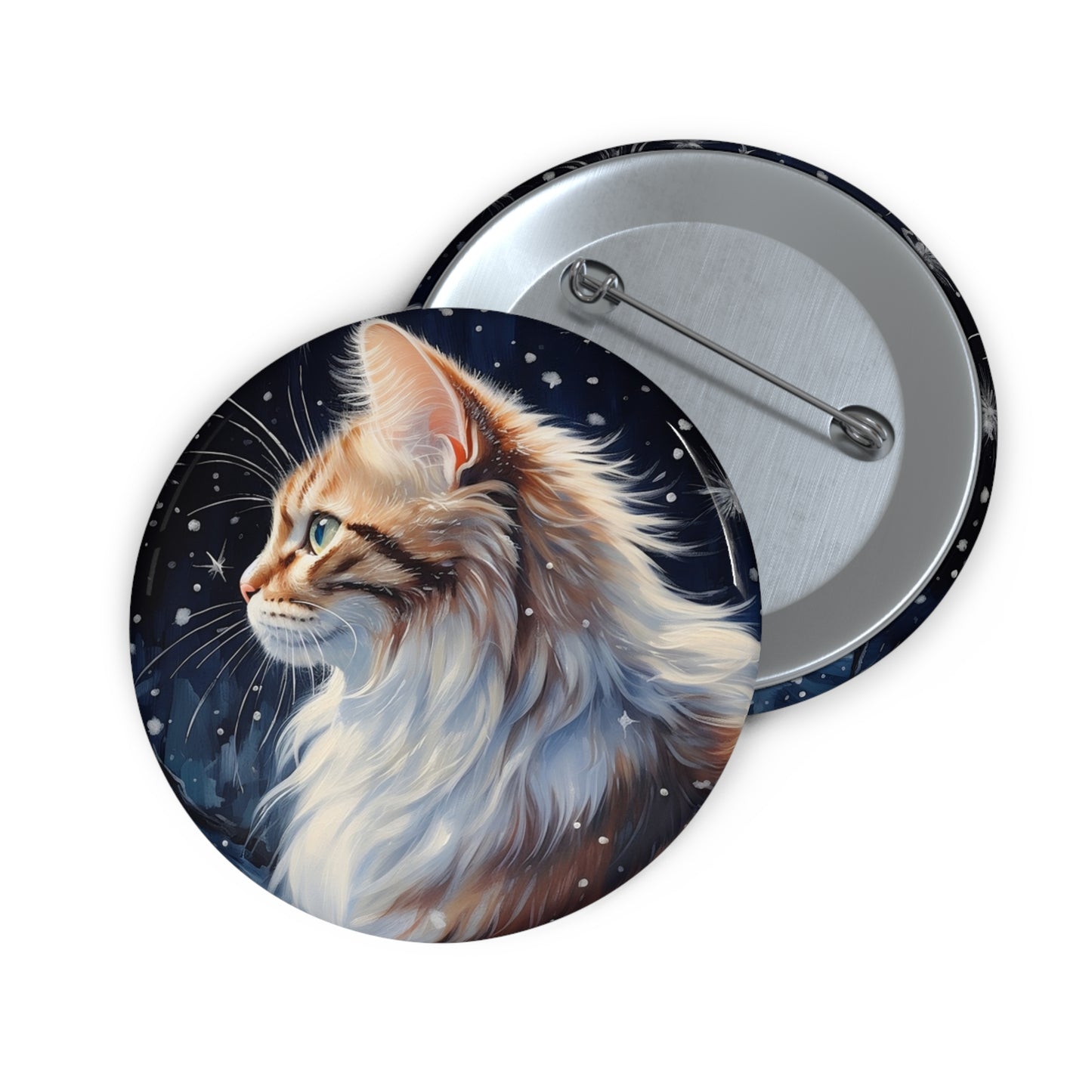 Pin Buttons Orange Cat With Falling Snowflakes Christmas Gift Badge