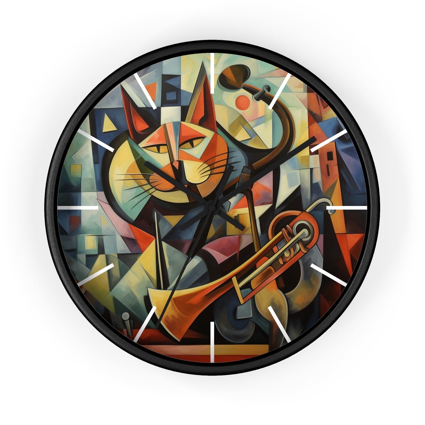 Wall Clock Trumpeter Cat Play Trumpet Music Cubism Graphic Home Decor