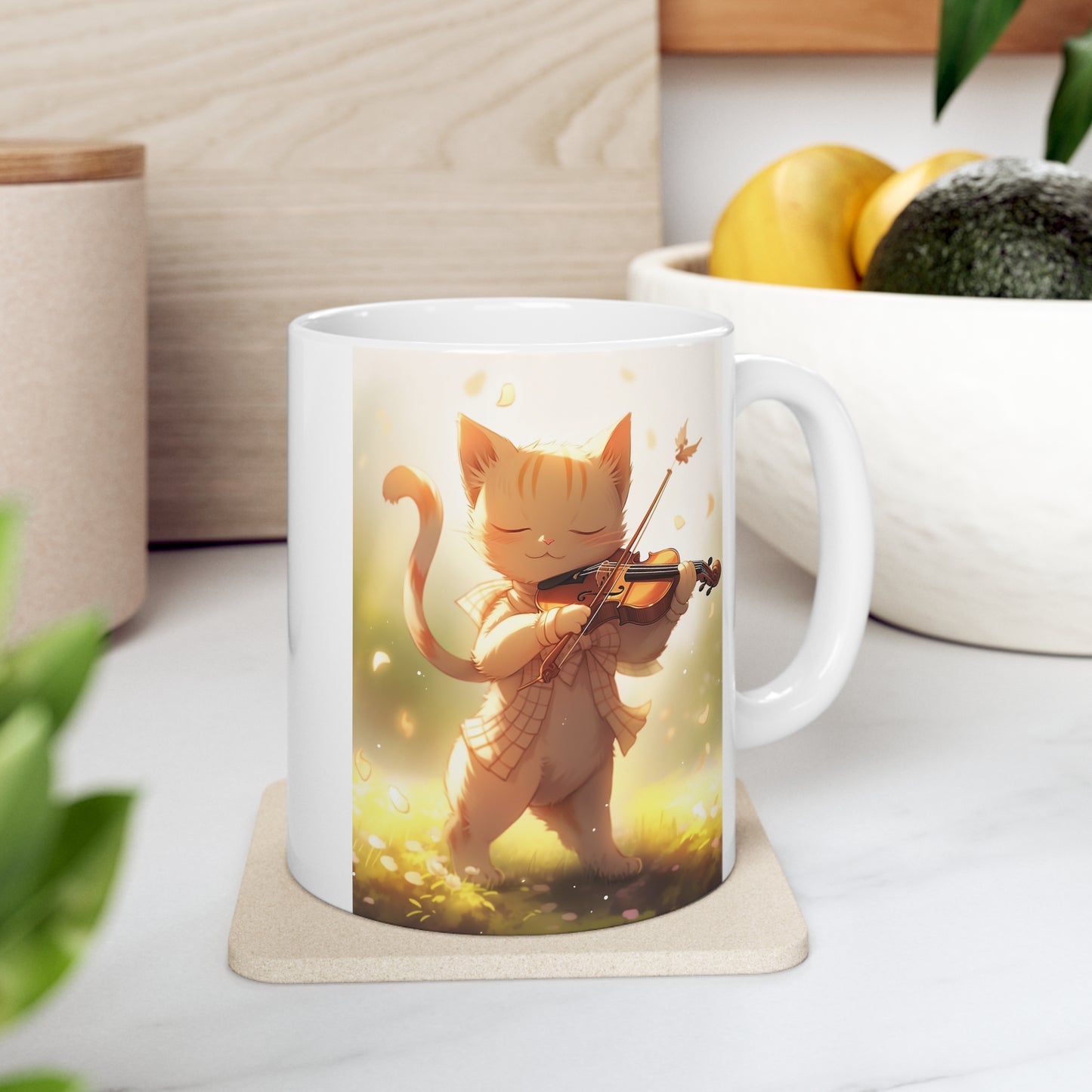 White Mug 11oz Ginger Cat Playing Violin in Forest Anime Style