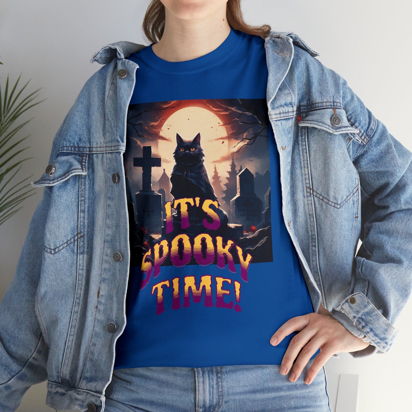 Unisex Cotton T-Shirt Vampire Cat in Spooky Graveyard Halloween Tee