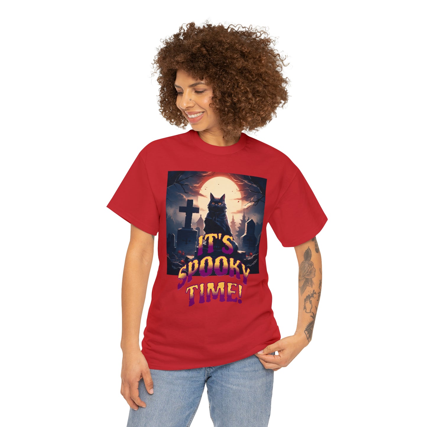 Unisex Cotton T-Shirt Vampire Cat in Spooky Graveyard Halloween Tee