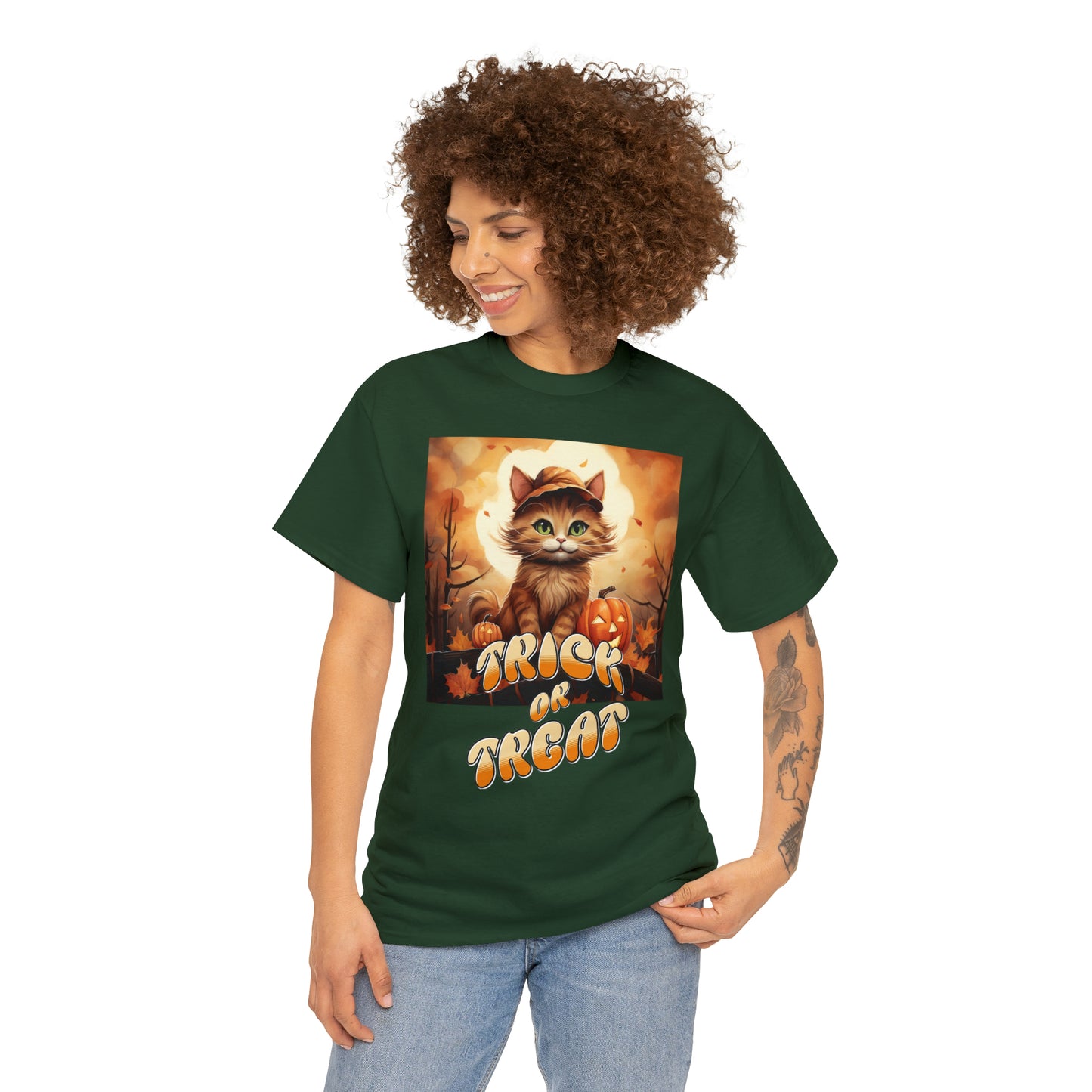 Unisex Cotton T-Shirt Trick or Treat Pumpkin Cat Graphic Costume Tee