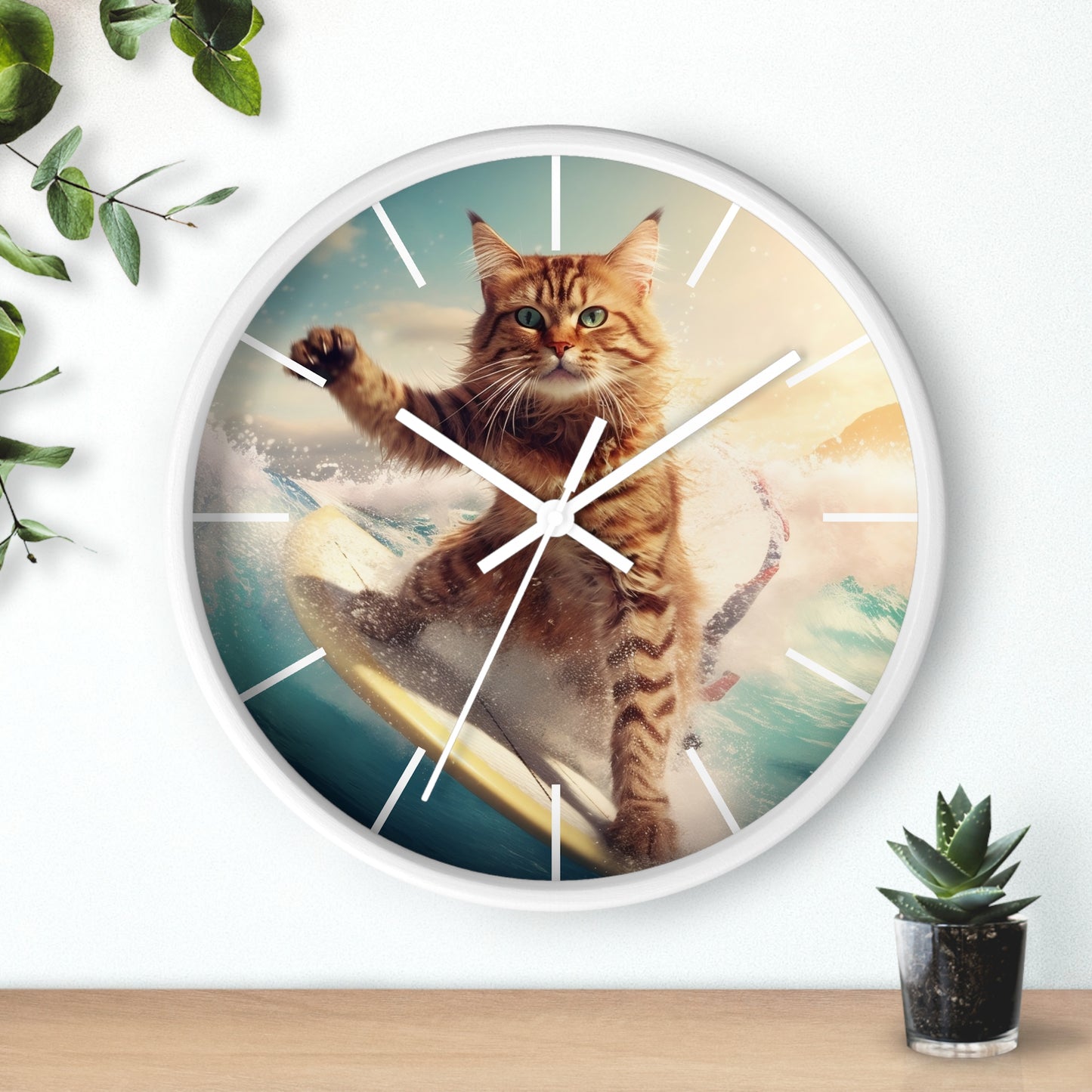 Wall Clock Brown Tabby Cat Surfing at Beach Home Decor