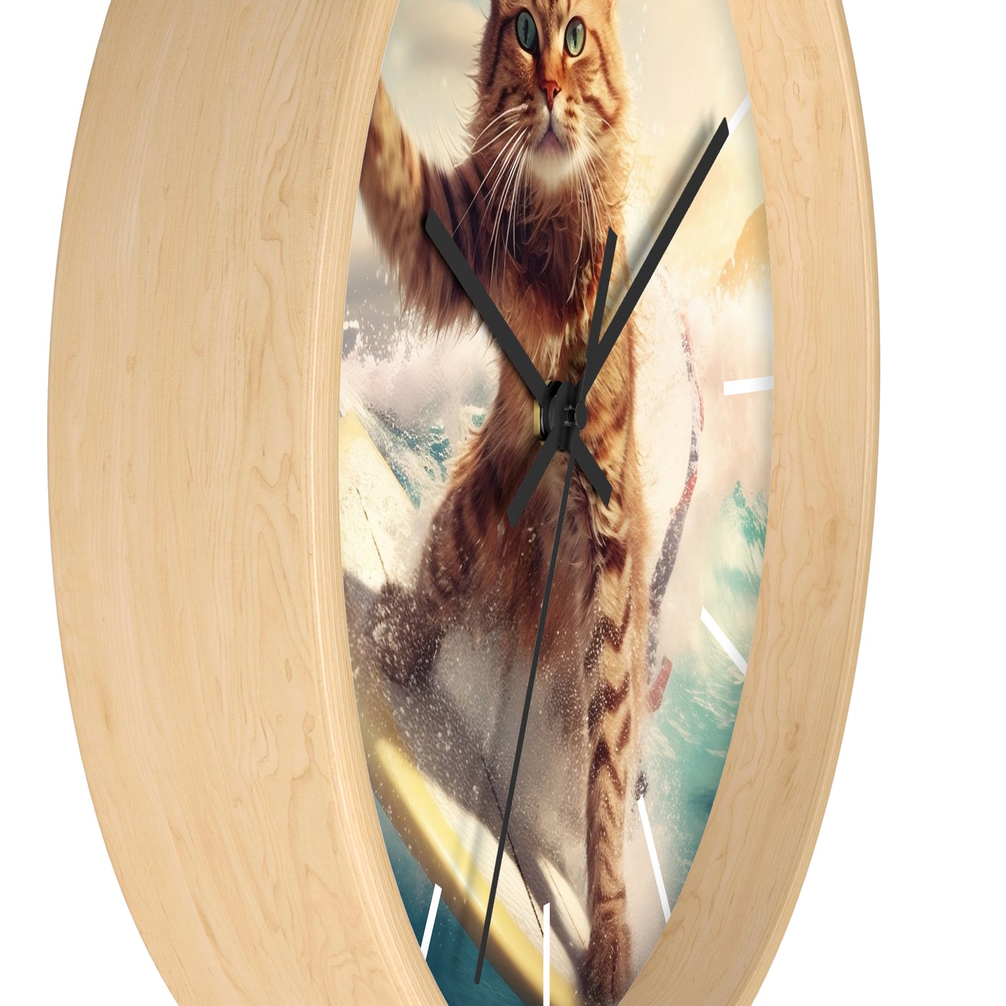Wall Clock Brown Tabby Cat Surfing at Beach Home Decor