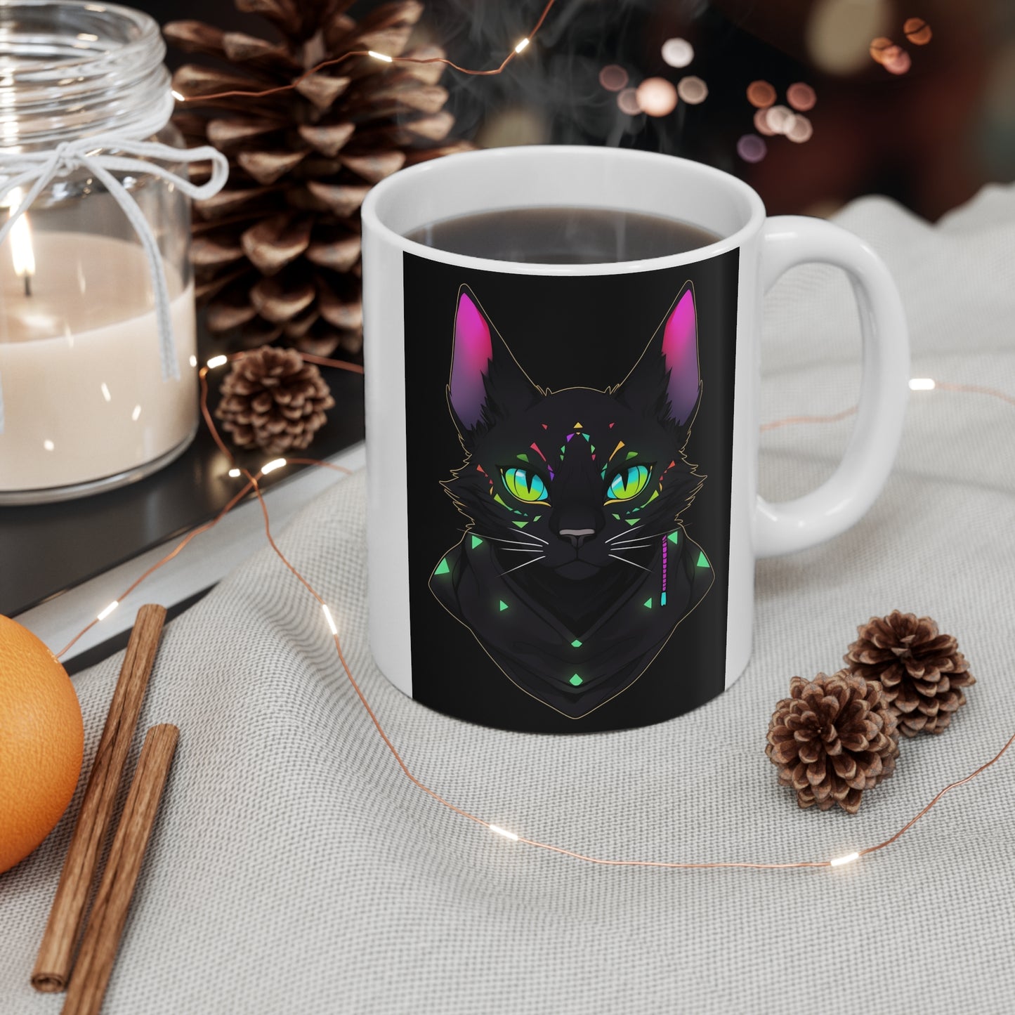 White Mug 11oz Mysterious Magician Black Cat Staring At You