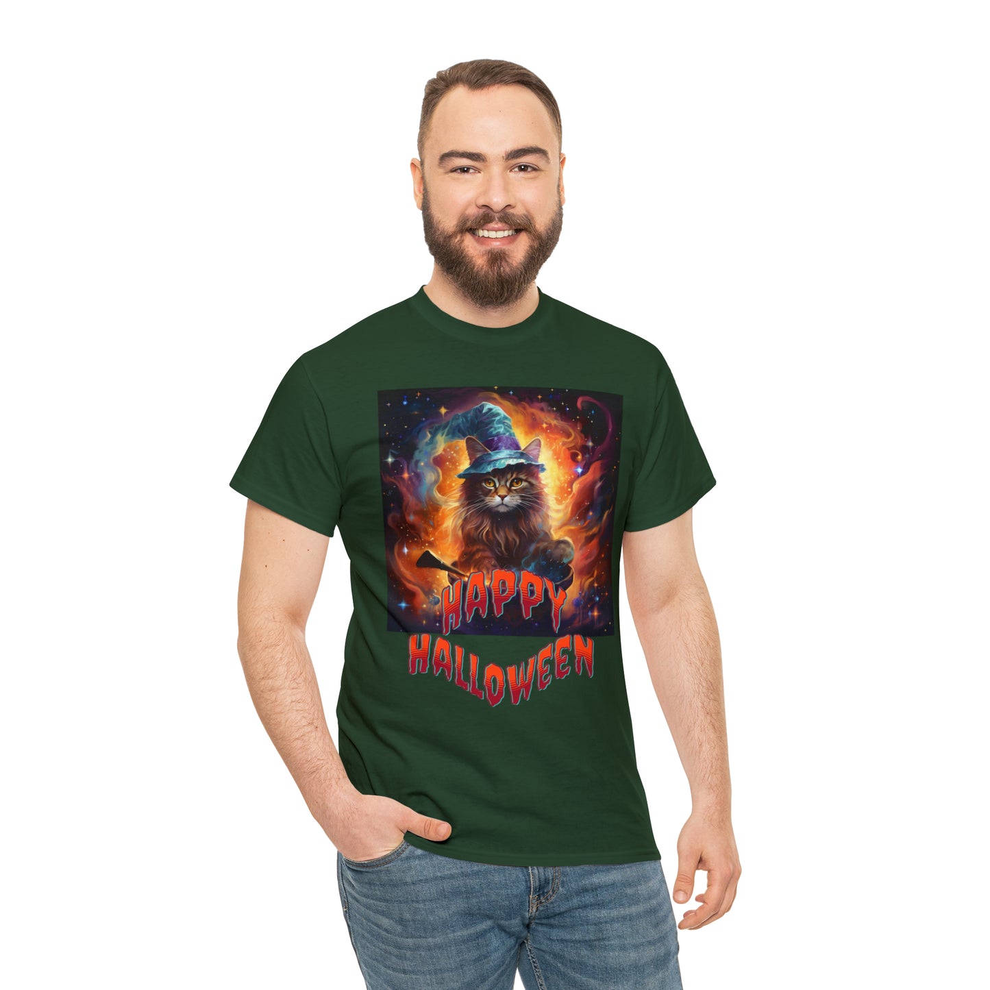 Unisex Cotton T-Shirt Happy Halloween Wizard Cat Graphic Costume Tee