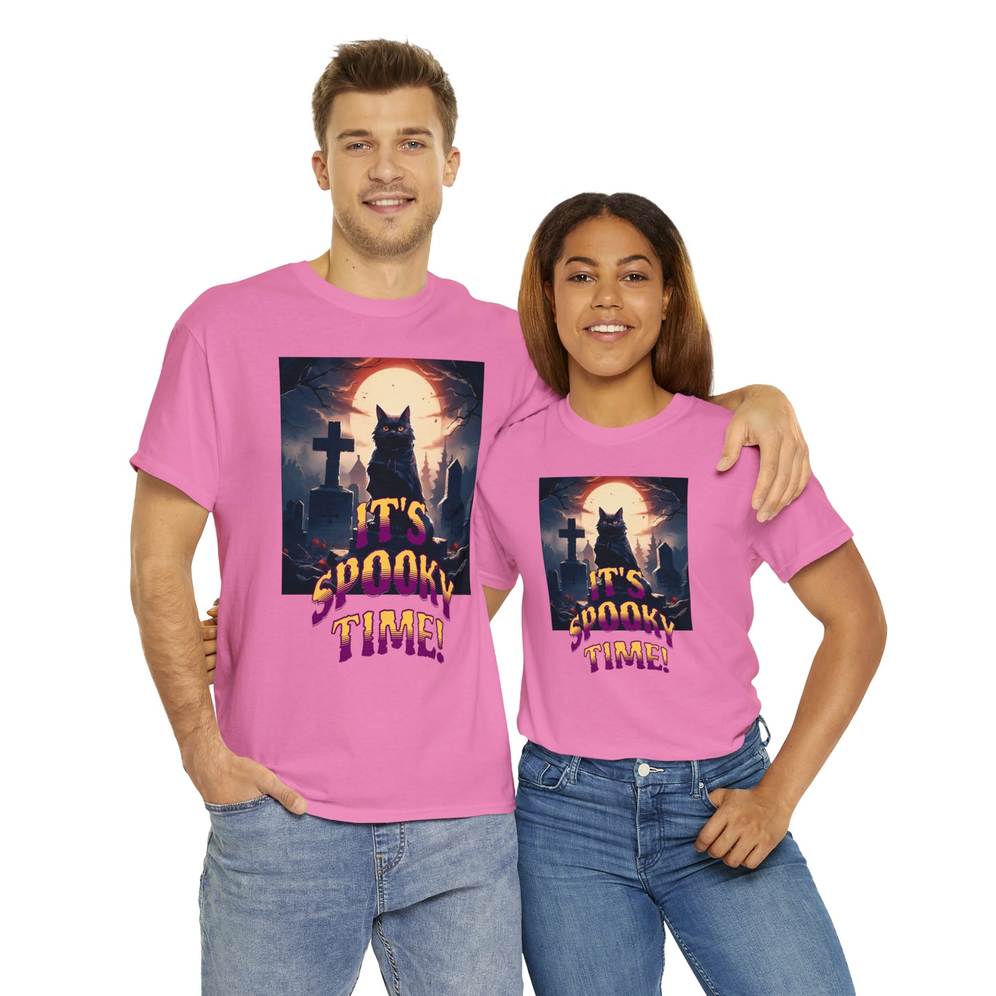 Unisex Cotton T-Shirt Vampire Cat in Spooky Graveyard Halloween Tee