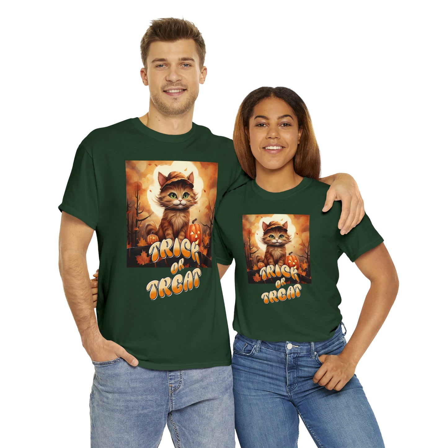Unisex Cotton T-Shirt Trick or Treat Pumpkin Cat Graphic Costume Tee