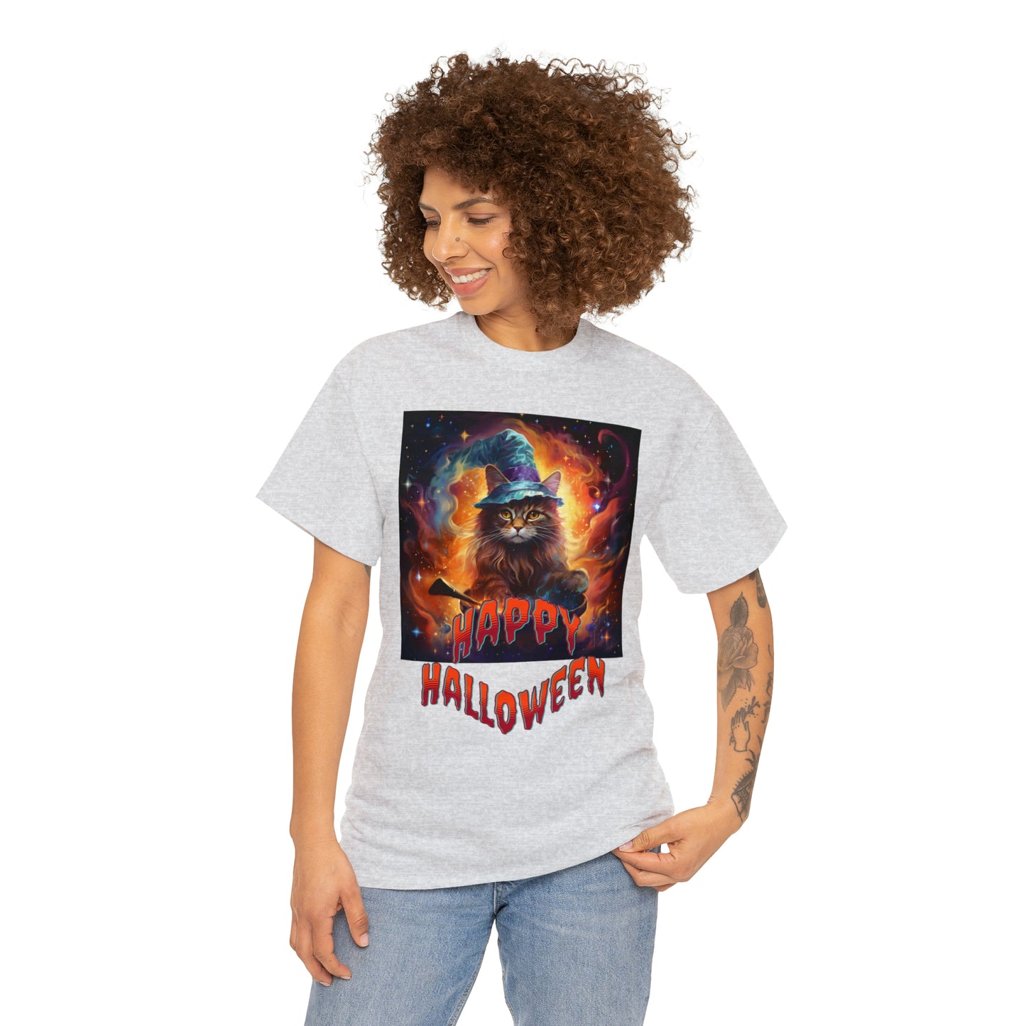 Unisex Cotton T-Shirt Happy Halloween Wizard Cat Graphic Costume Tee
