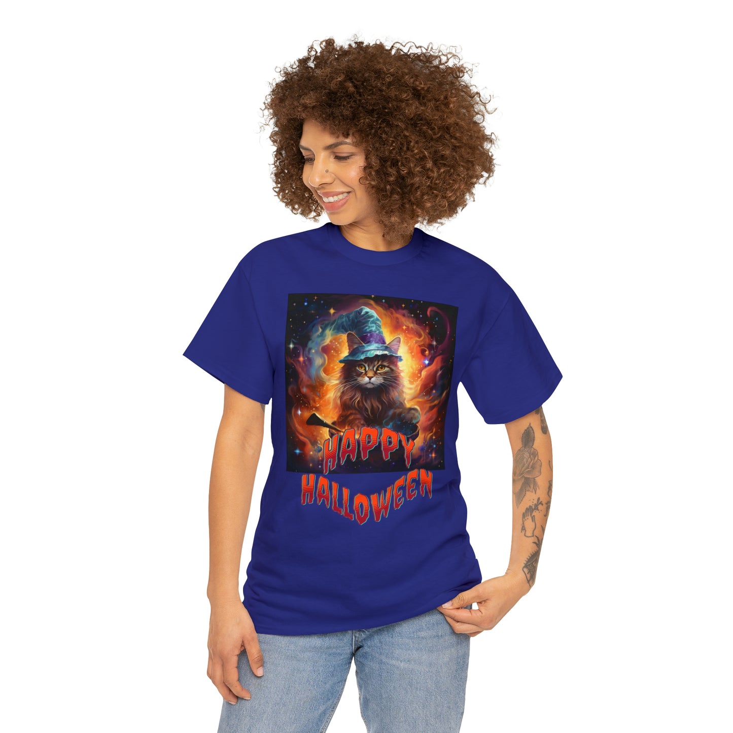 Unisex Cotton T-Shirt Happy Halloween Wizard Cat Graphic Costume Tee
