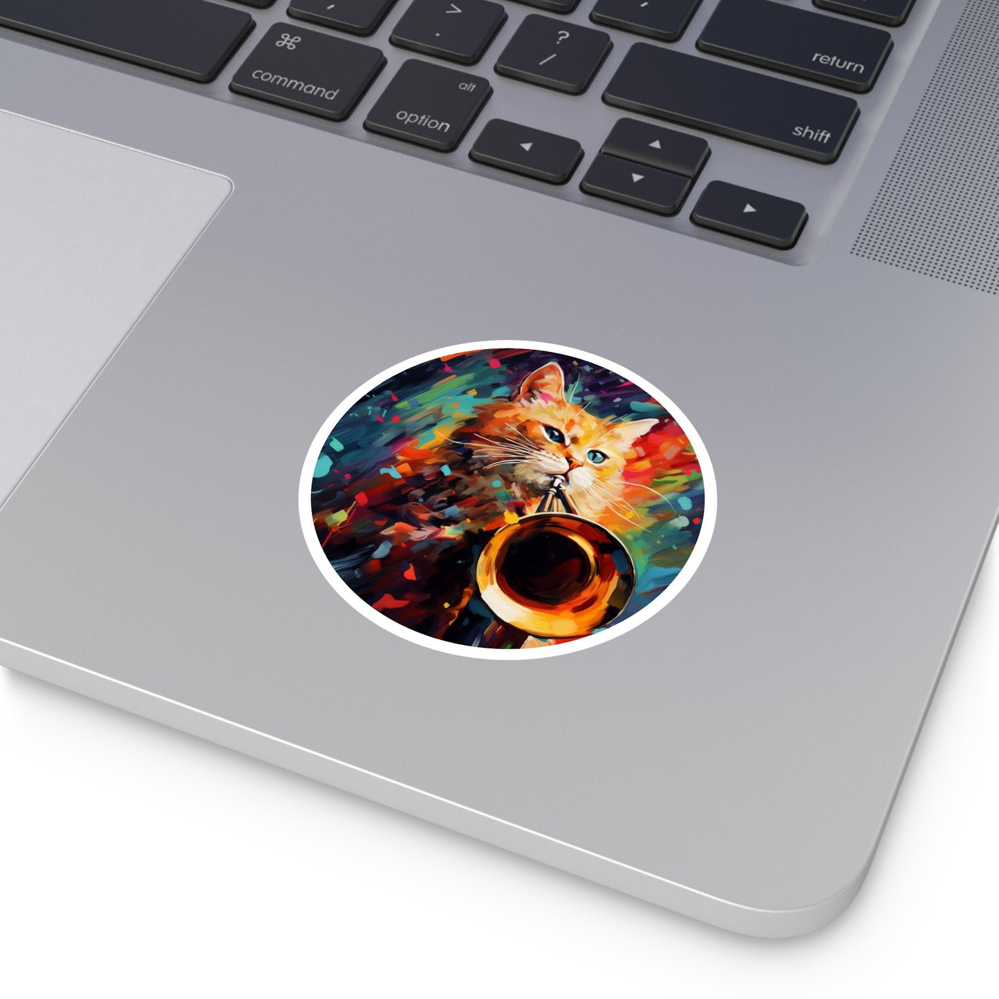 Round Vinyl Decals Sticker Trombonist Cat With Colorful Musical Waves