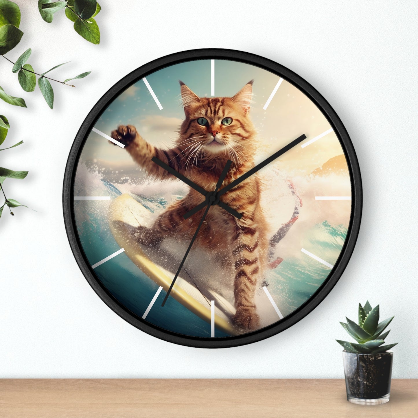 Wall Clock Brown Tabby Cat Surfing at Beach Home Decor