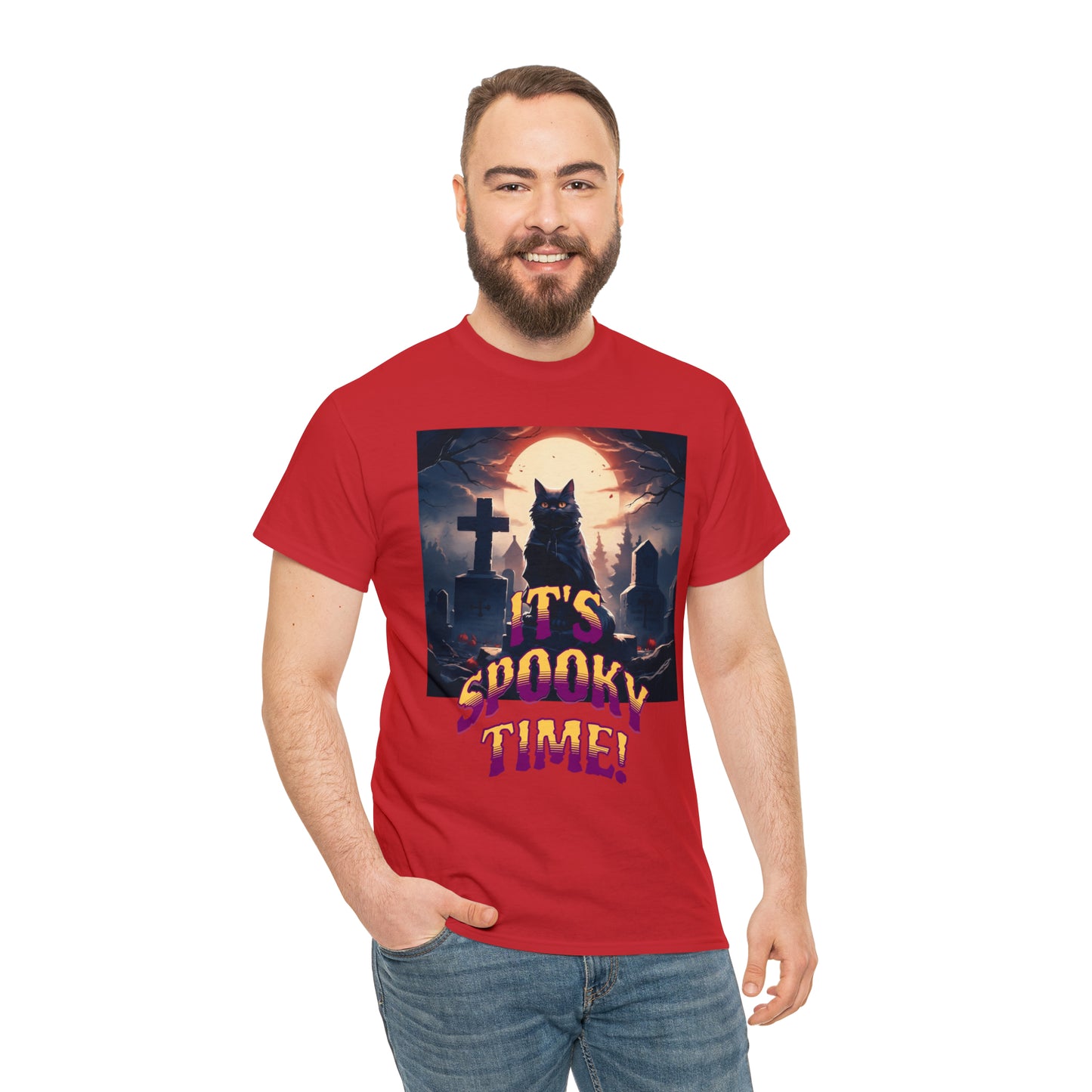 Unisex Cotton T-Shirt Vampire Cat in Spooky Graveyard Halloween Tee
