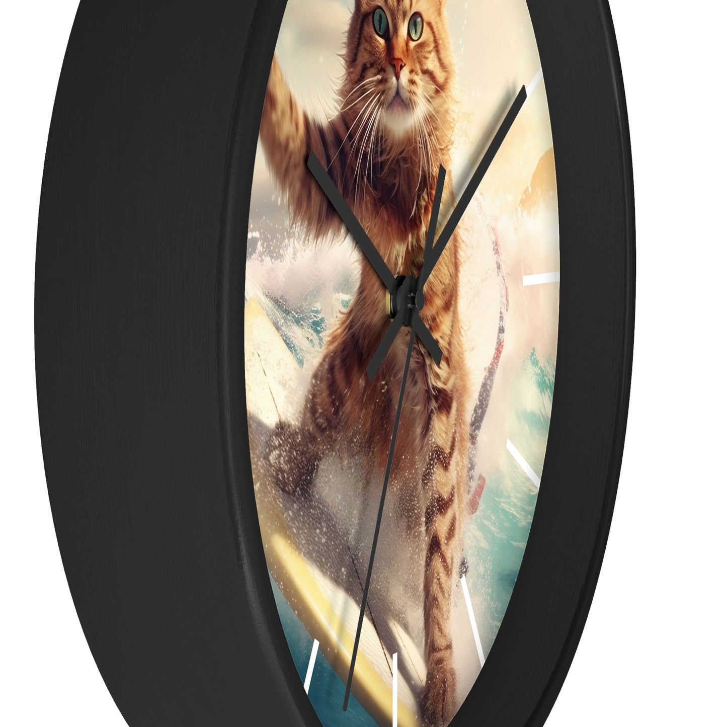 Wall Clock Brown Tabby Cat Surfing at Beach Home Decor